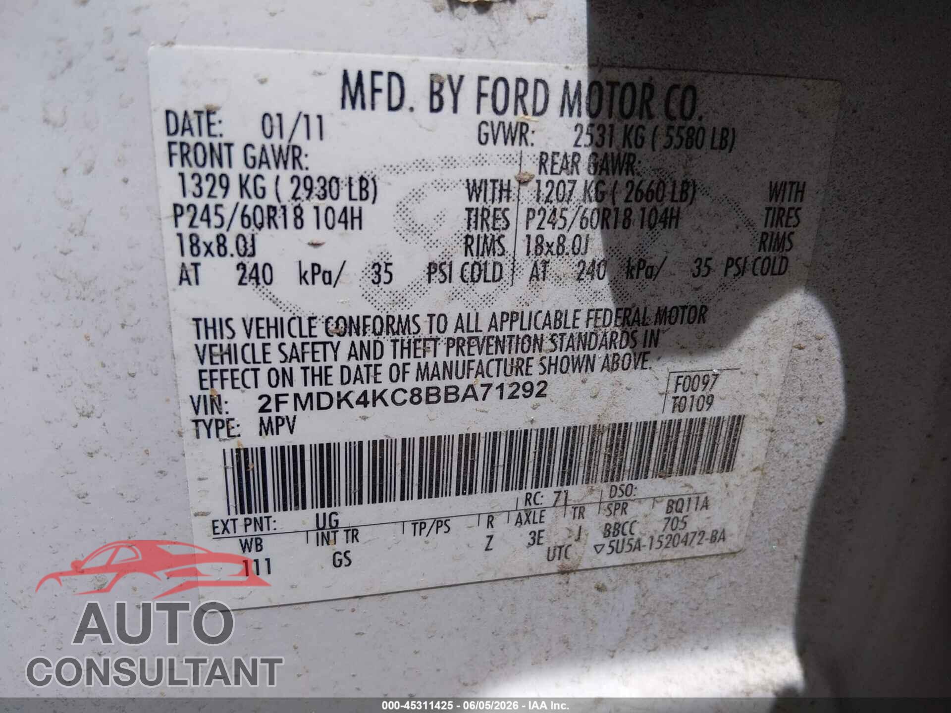 FORD EDGE 2011 - 2FMDK4KC8BBA71292