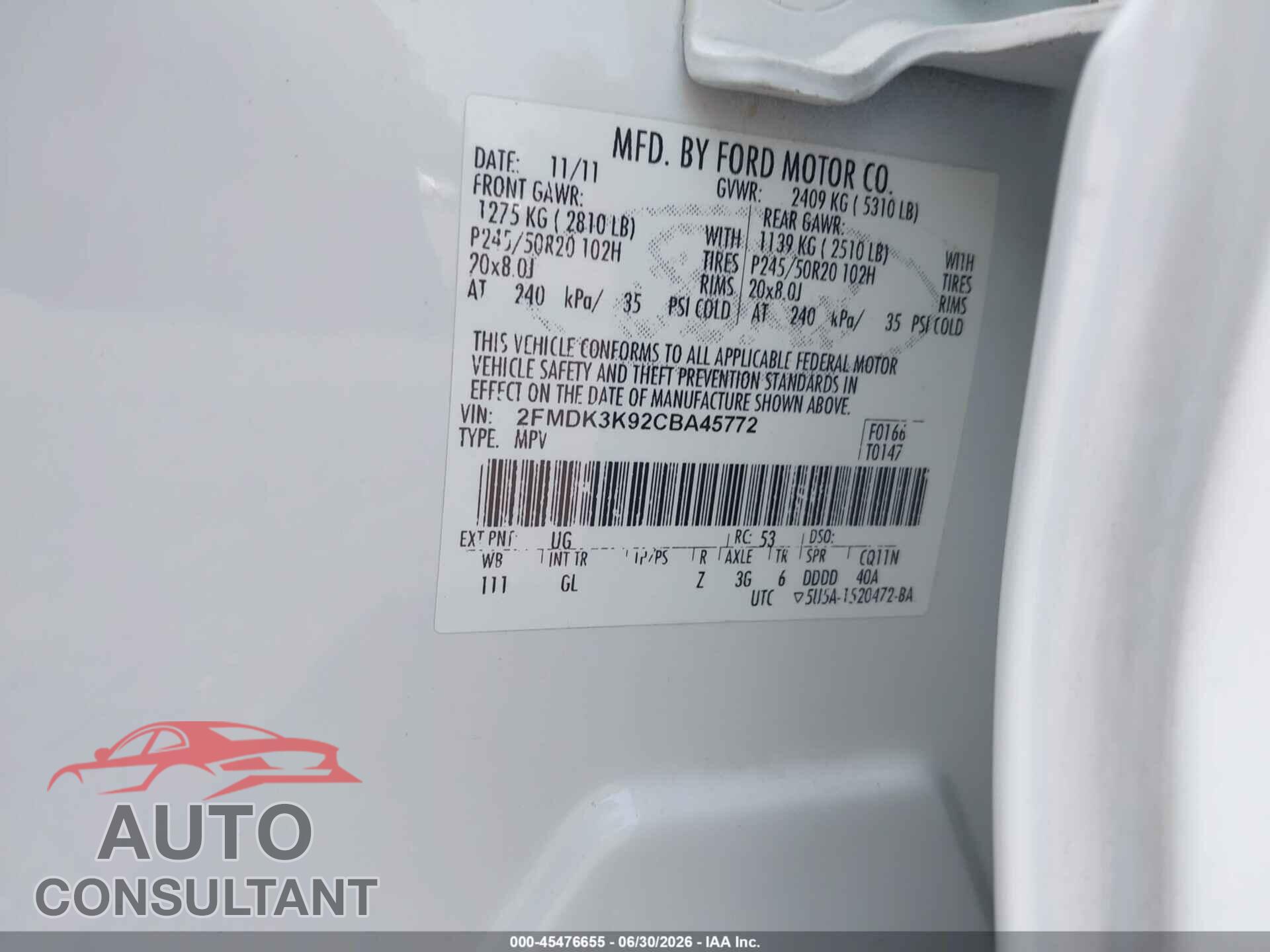 FORD EDGE 2012 - 2FMDK3K92CBA45772