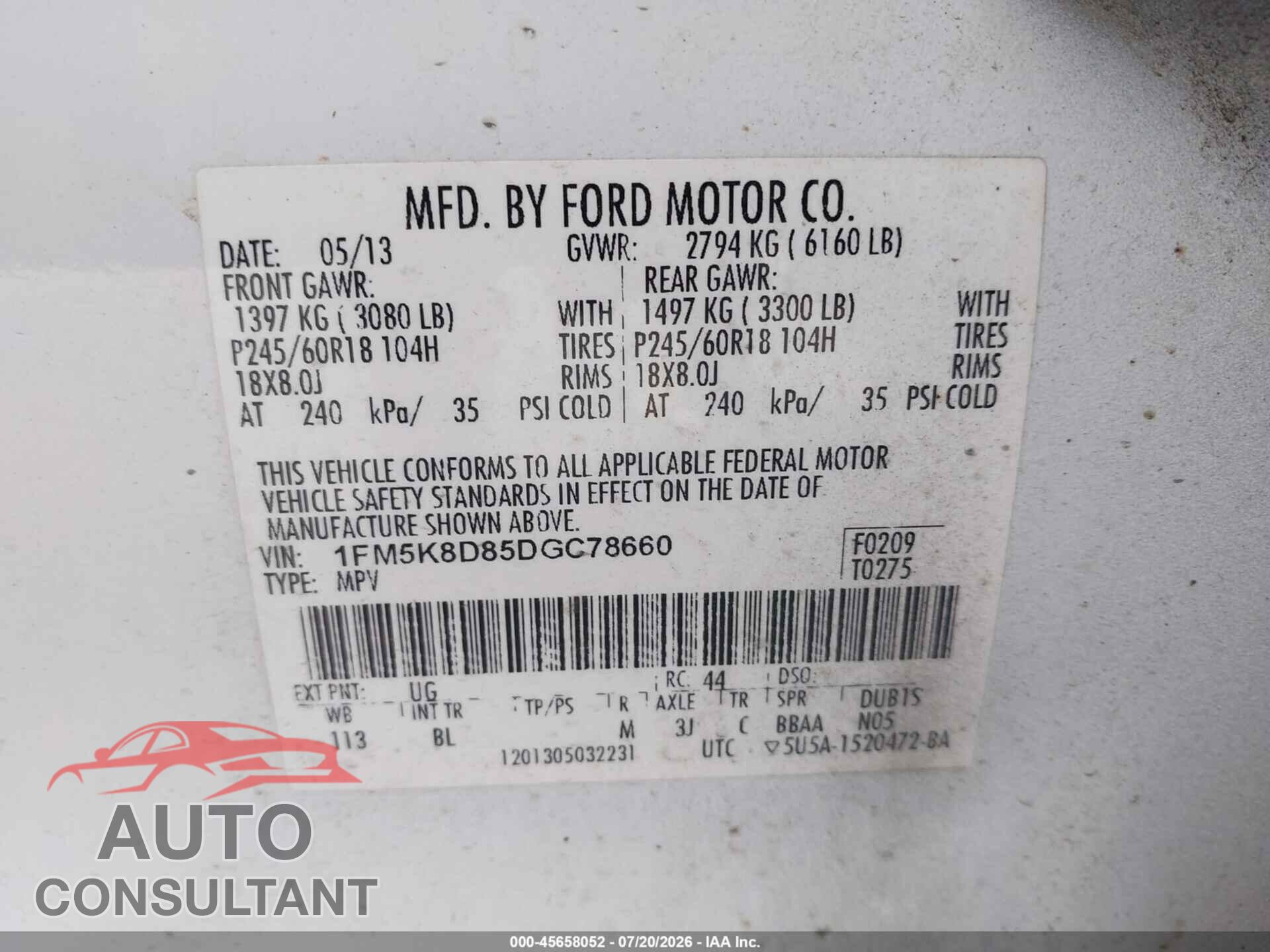 FORD EXPLORER 2013 - 1FM5K8D85DGC78660