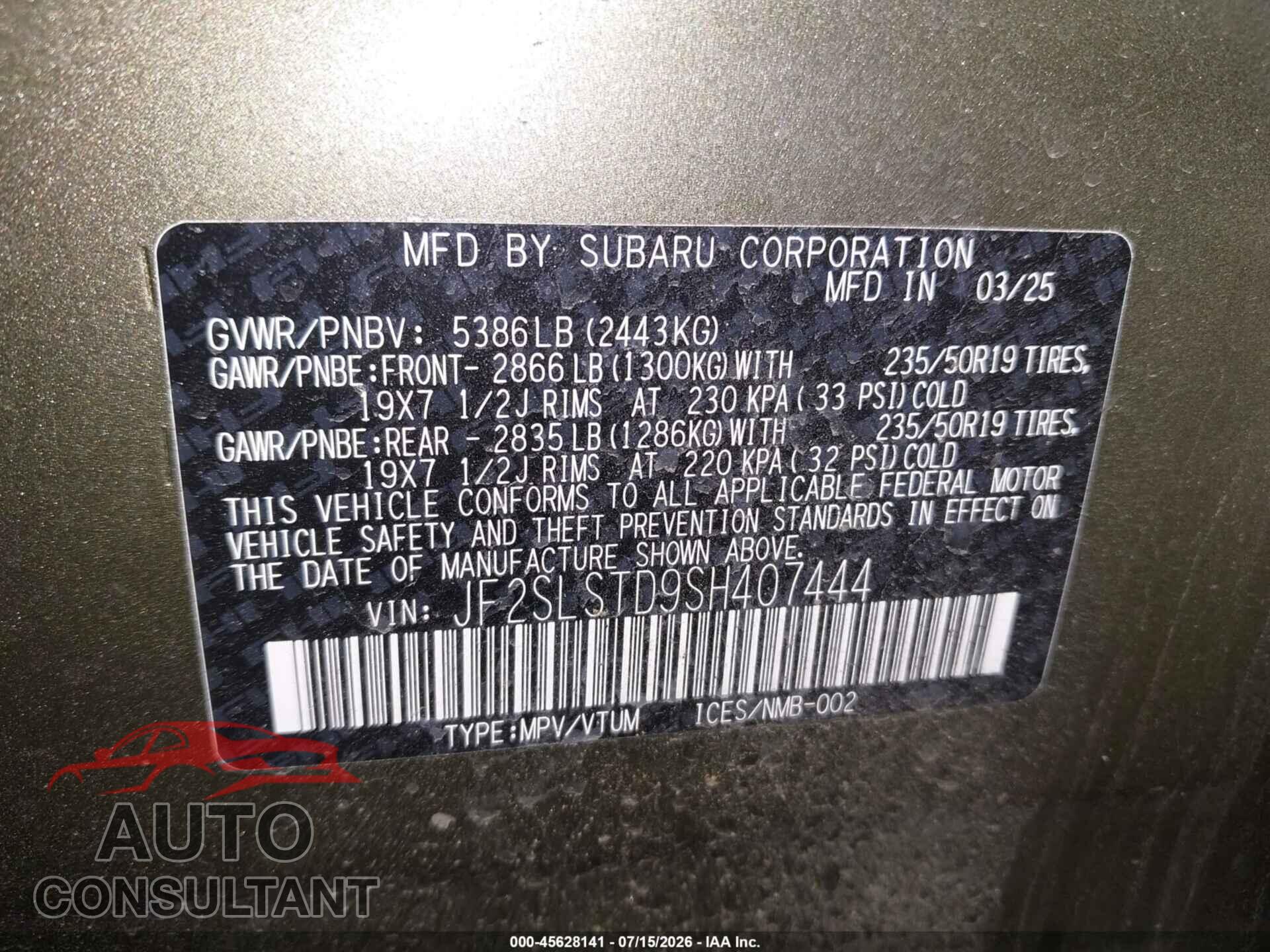 SUBARU FORESTER 2025 - JF2SLSTD9SH407444