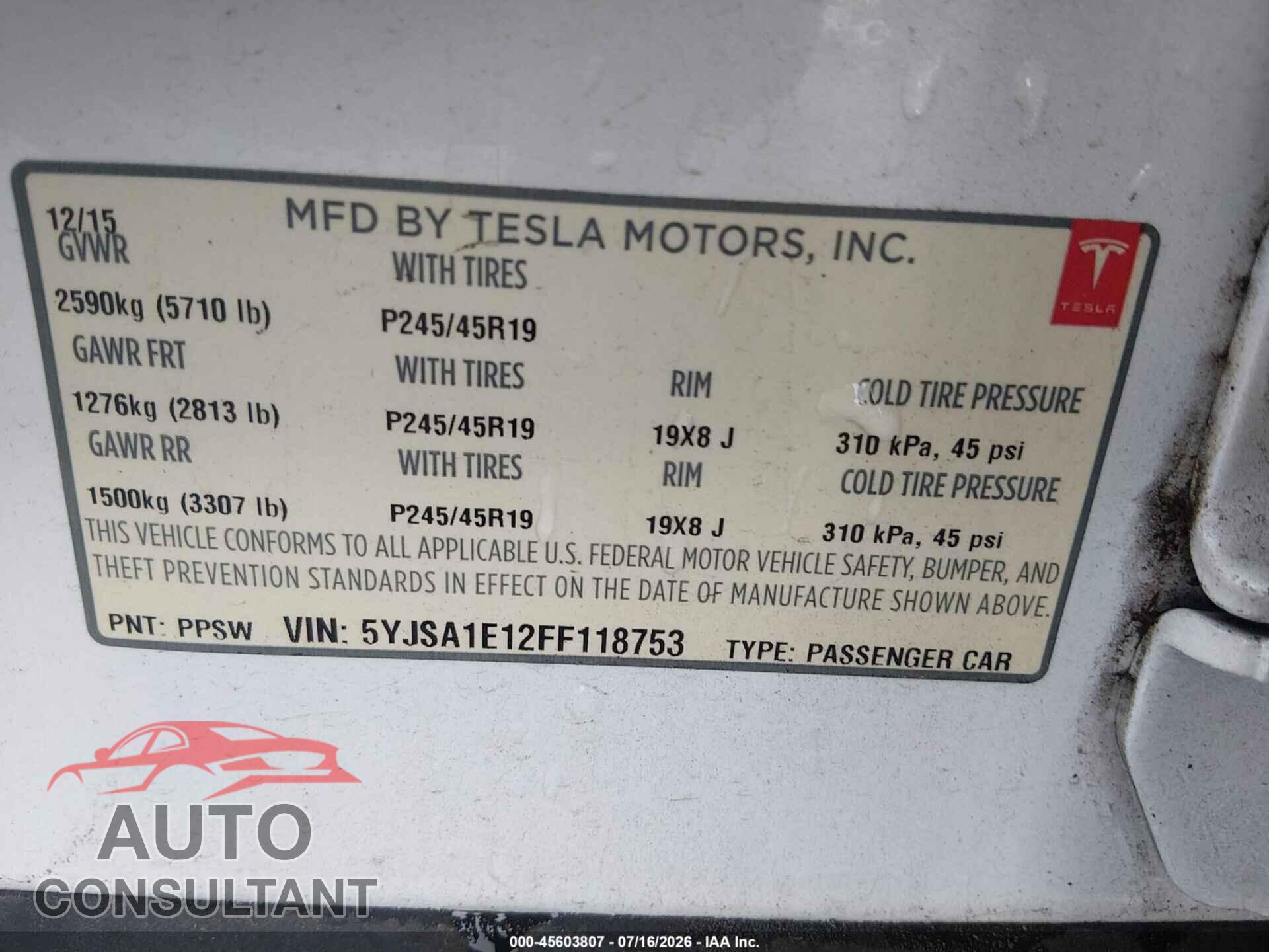 TESLA MODEL S 2015 - 5YJSA1E12FF118753