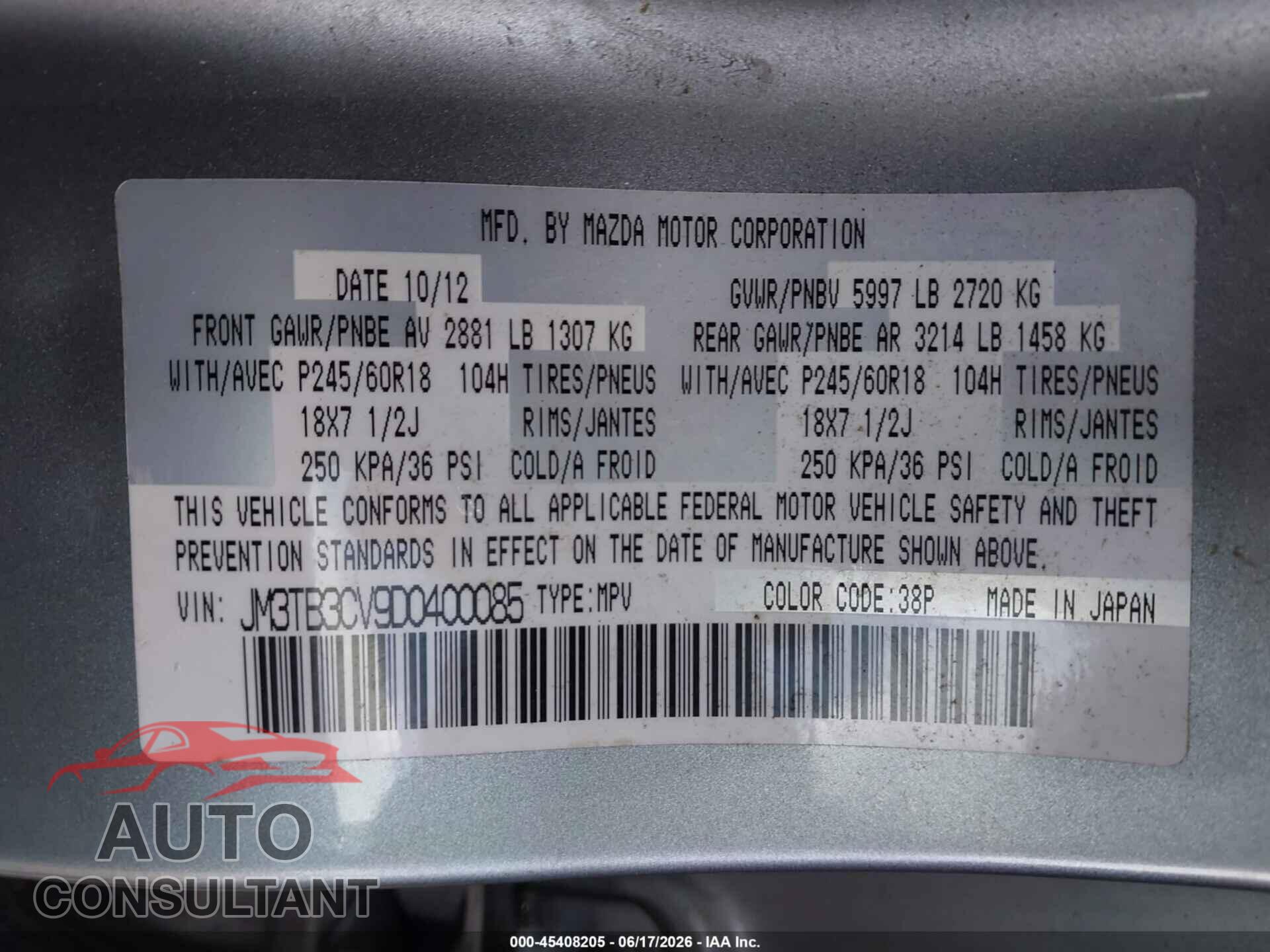 MAZDA CX-9 2013 - JM3TB3CV9D0400085