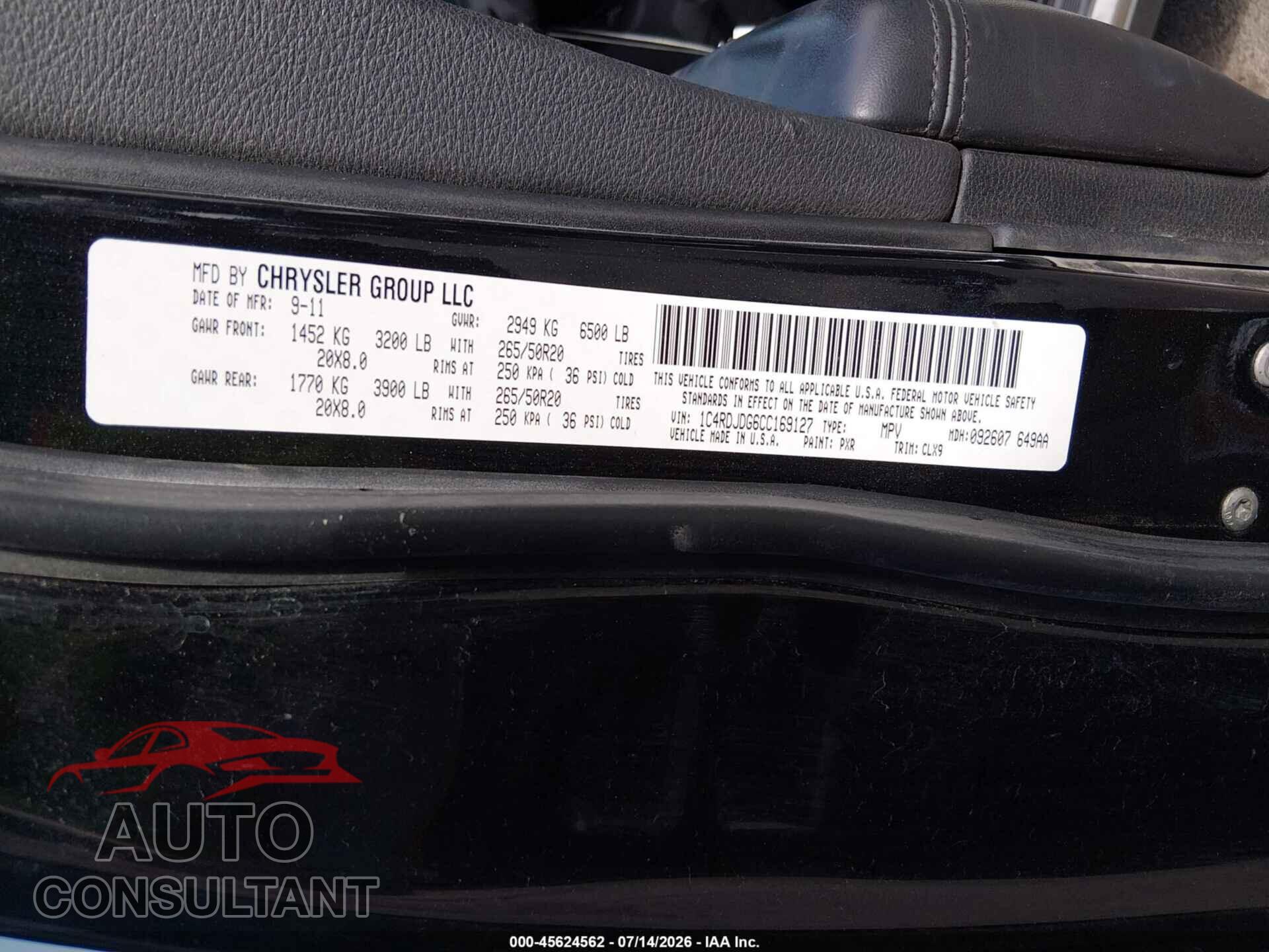 DODGE DURANGO 2012 - 1C4RDJDG6CC169127