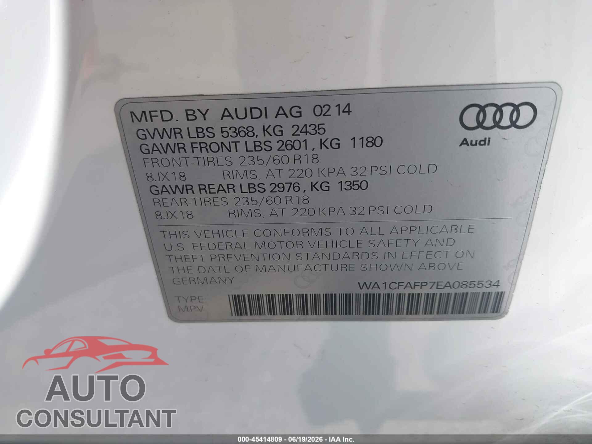 AUDI Q5 2014 - WA1CFAFP7EA085534
