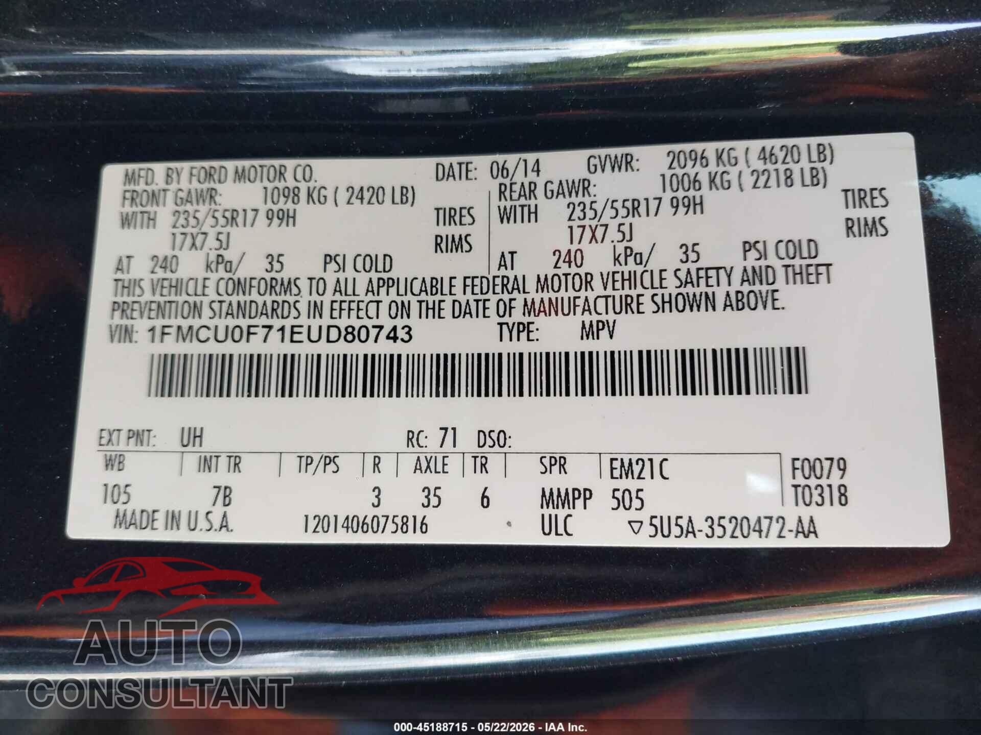 FORD ESCAPE 2014 - 1FMCU0F71EUD80743