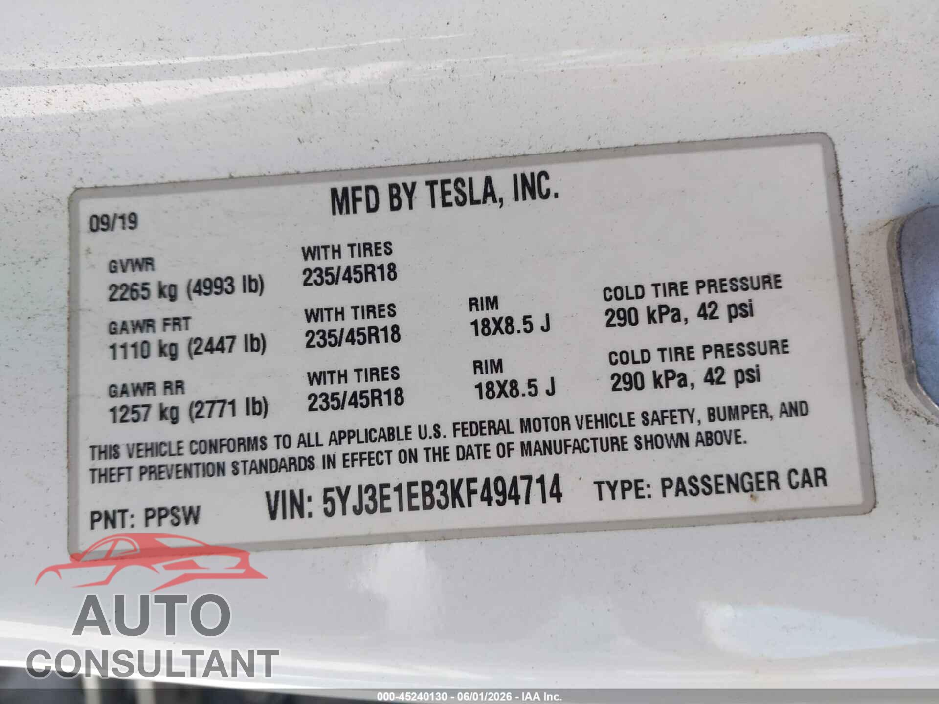 TESLA MODEL 3 2019 - 5YJ3E1EB3KF494714