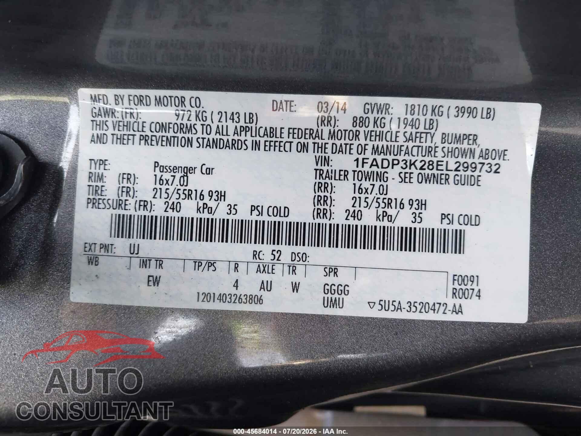 FORD FOCUS 2014 - 1FADP3K28EL299732
