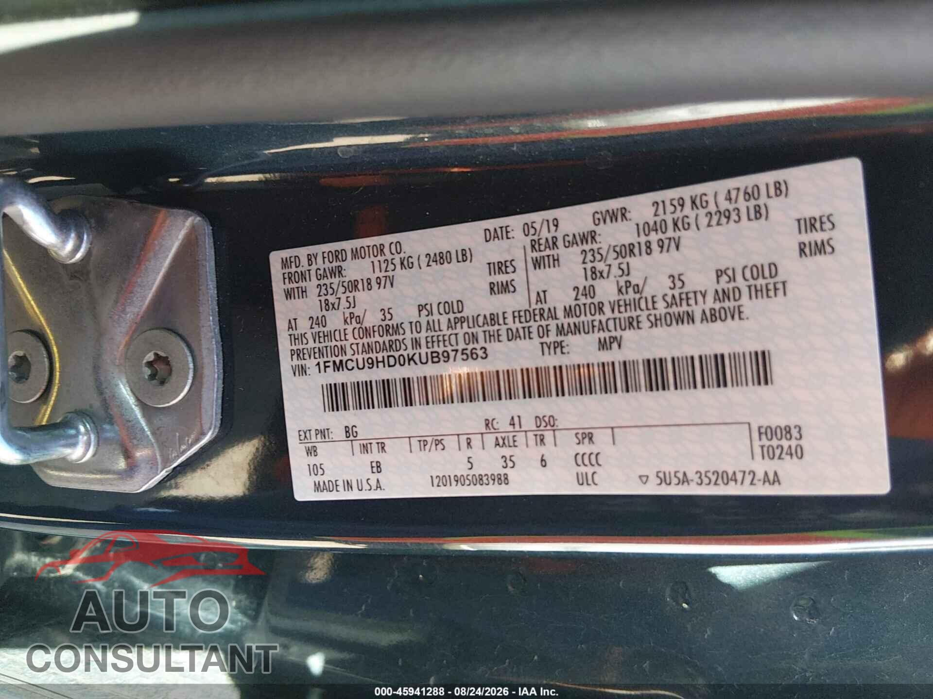FORD ESCAPE 2019 - 1FMCU9HD0KUB97563