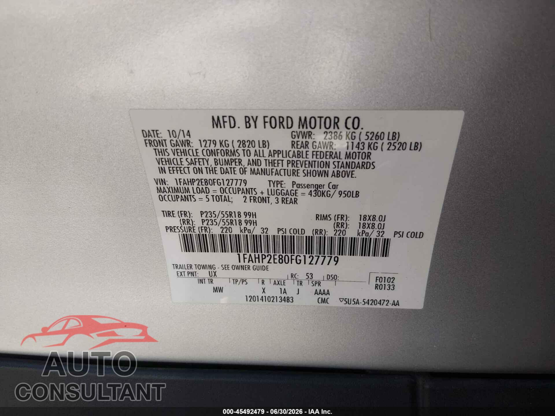 FORD TAURUS 2015 - 1FAHP2E80FG127779