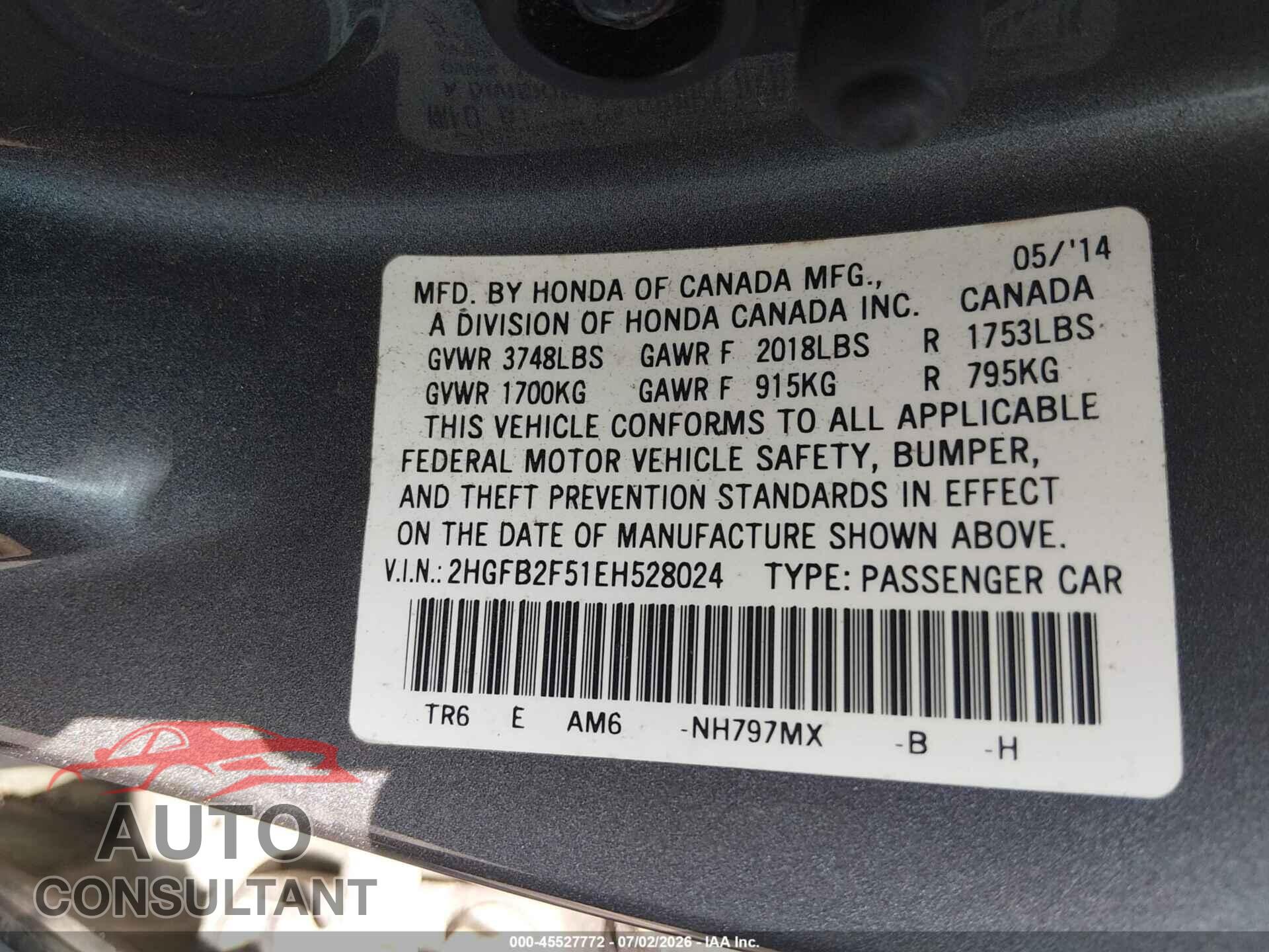HONDA CIVIC 2014 - 2HGFB2F51EH528024