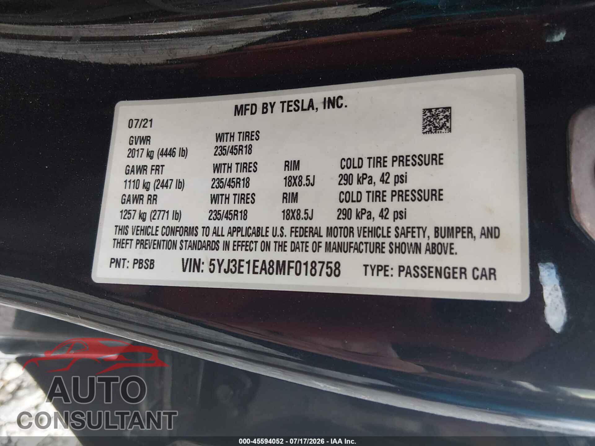 TESLA MODEL 3 2021 - 5YJ3E1EA8MF018758