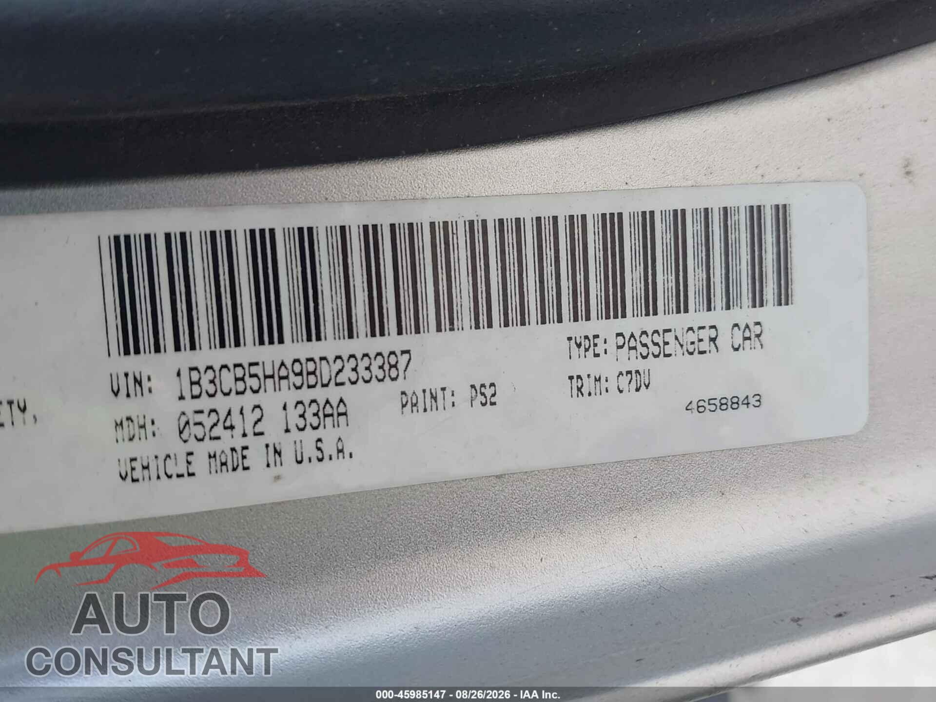 DODGE CALIBER 2011 - 1B3CB5HA9BD233387