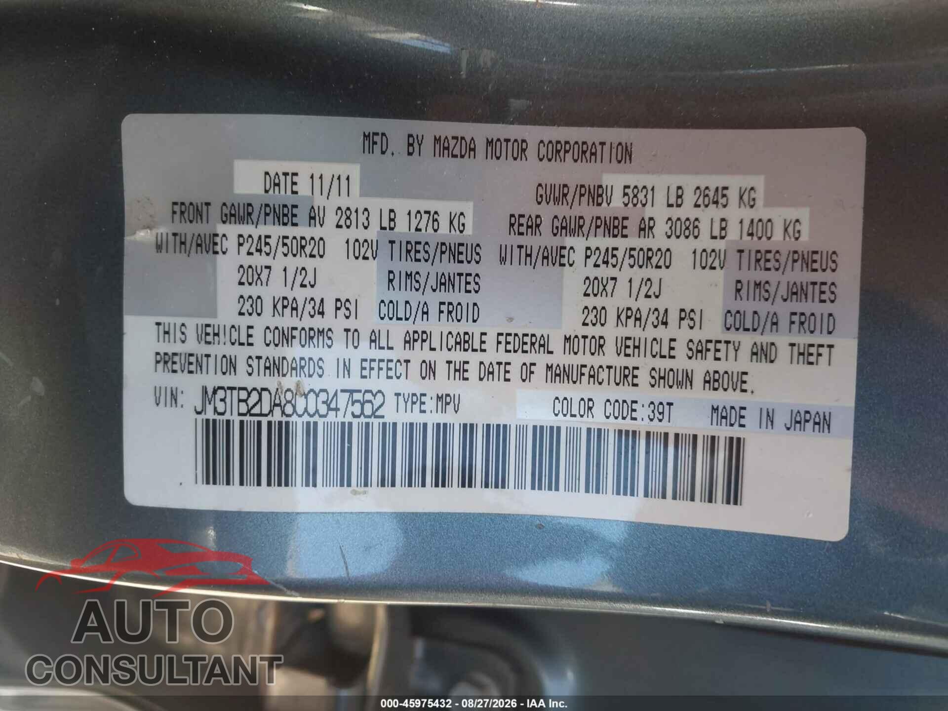 MAZDA CX-9 2012 - JM3TB2DA8C0347562