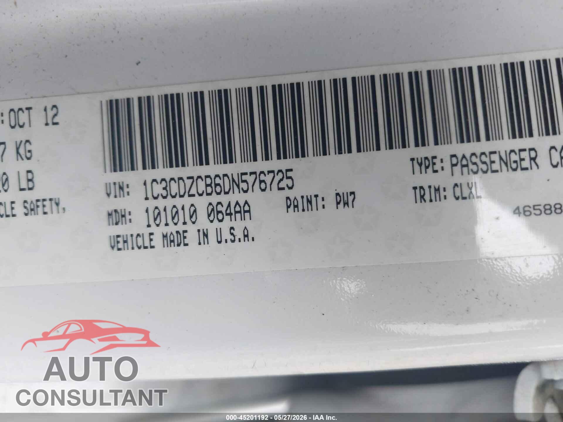 DODGE AVENGER 2013 - 1C3CDZCB6DN576725