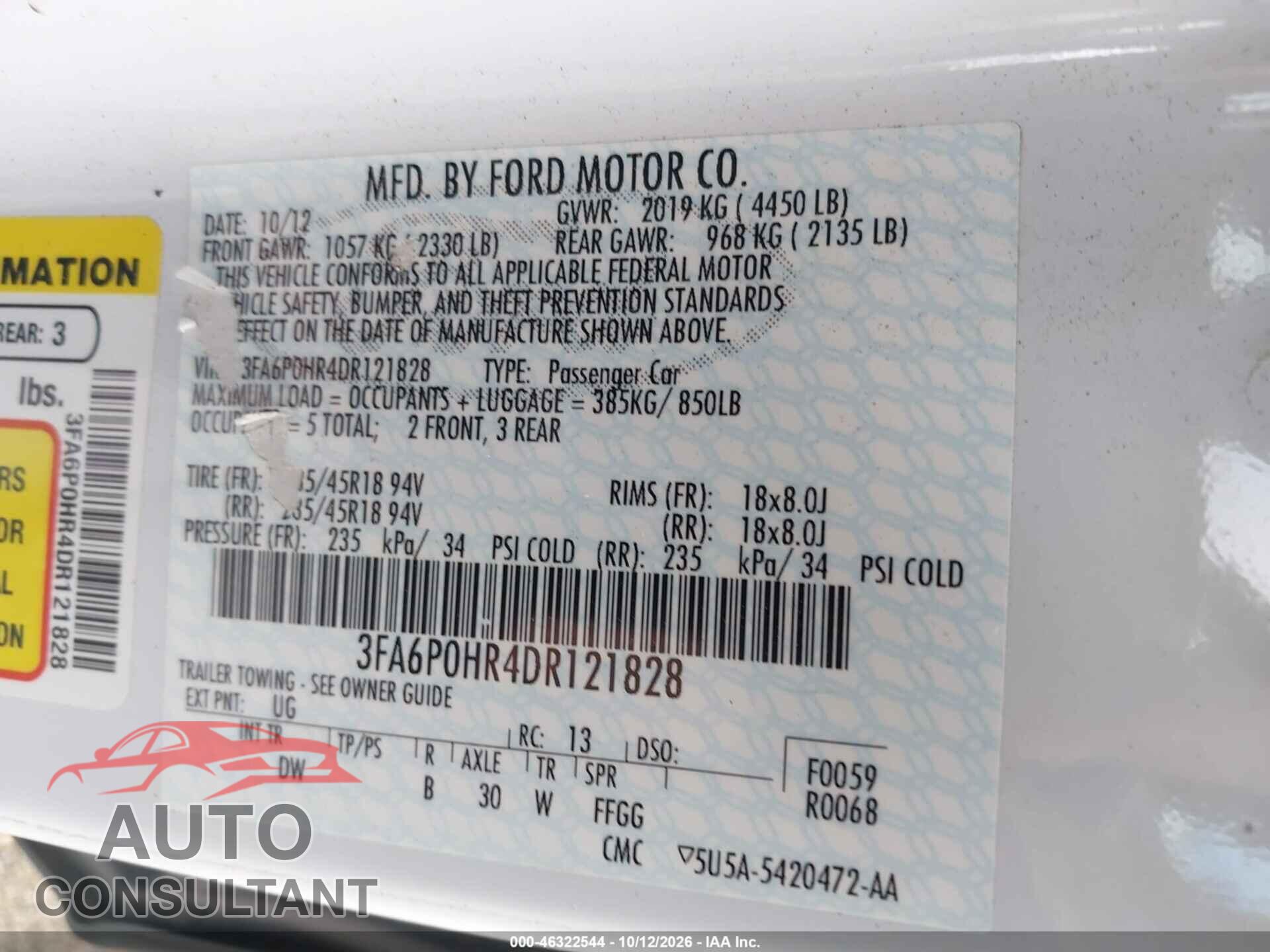 FORD FUSION 2013 - 3FA6P0HR4DR121828