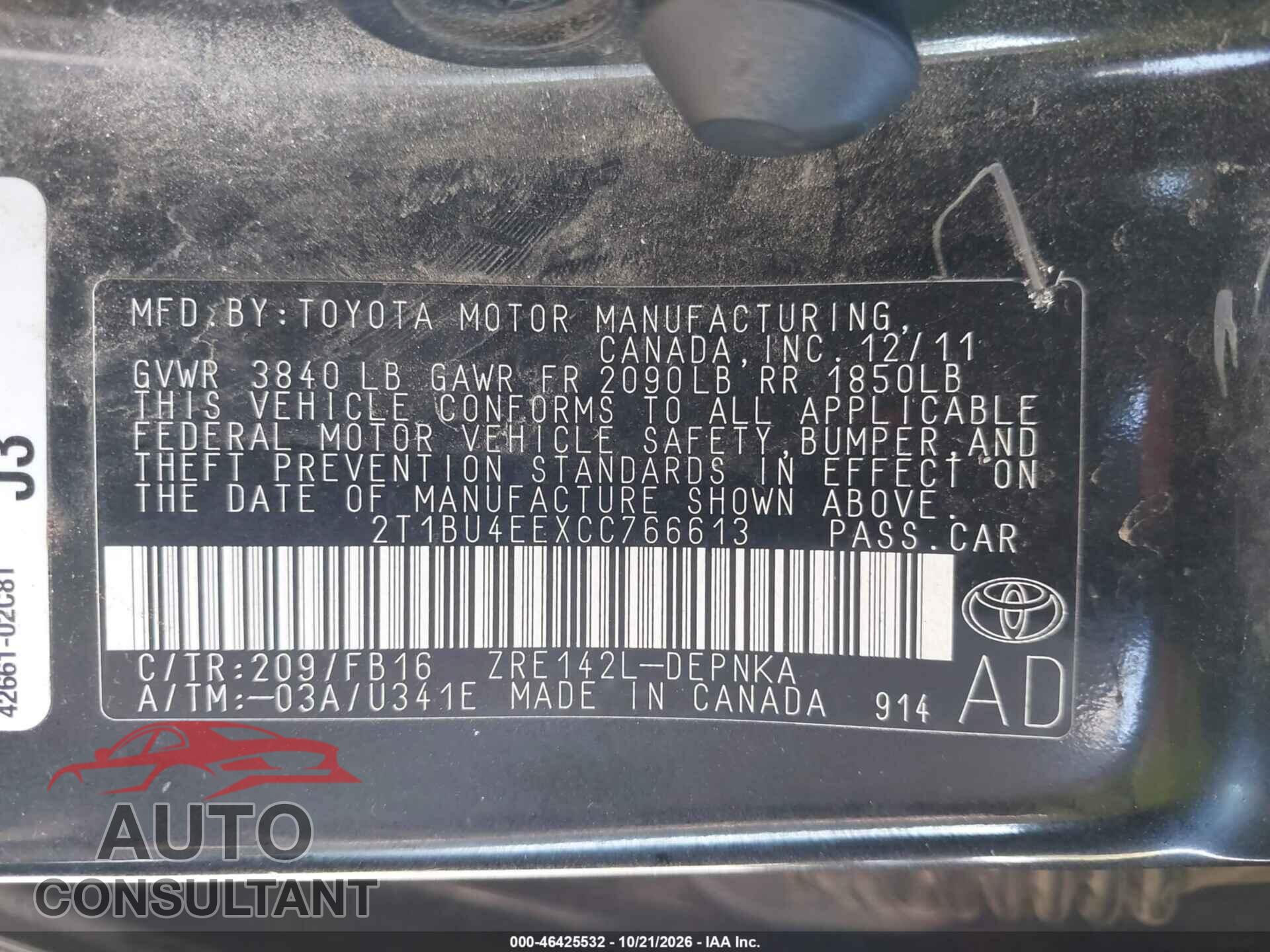 TOYOTA COROLLA 2012 - 2T1BU4EEXCC766613