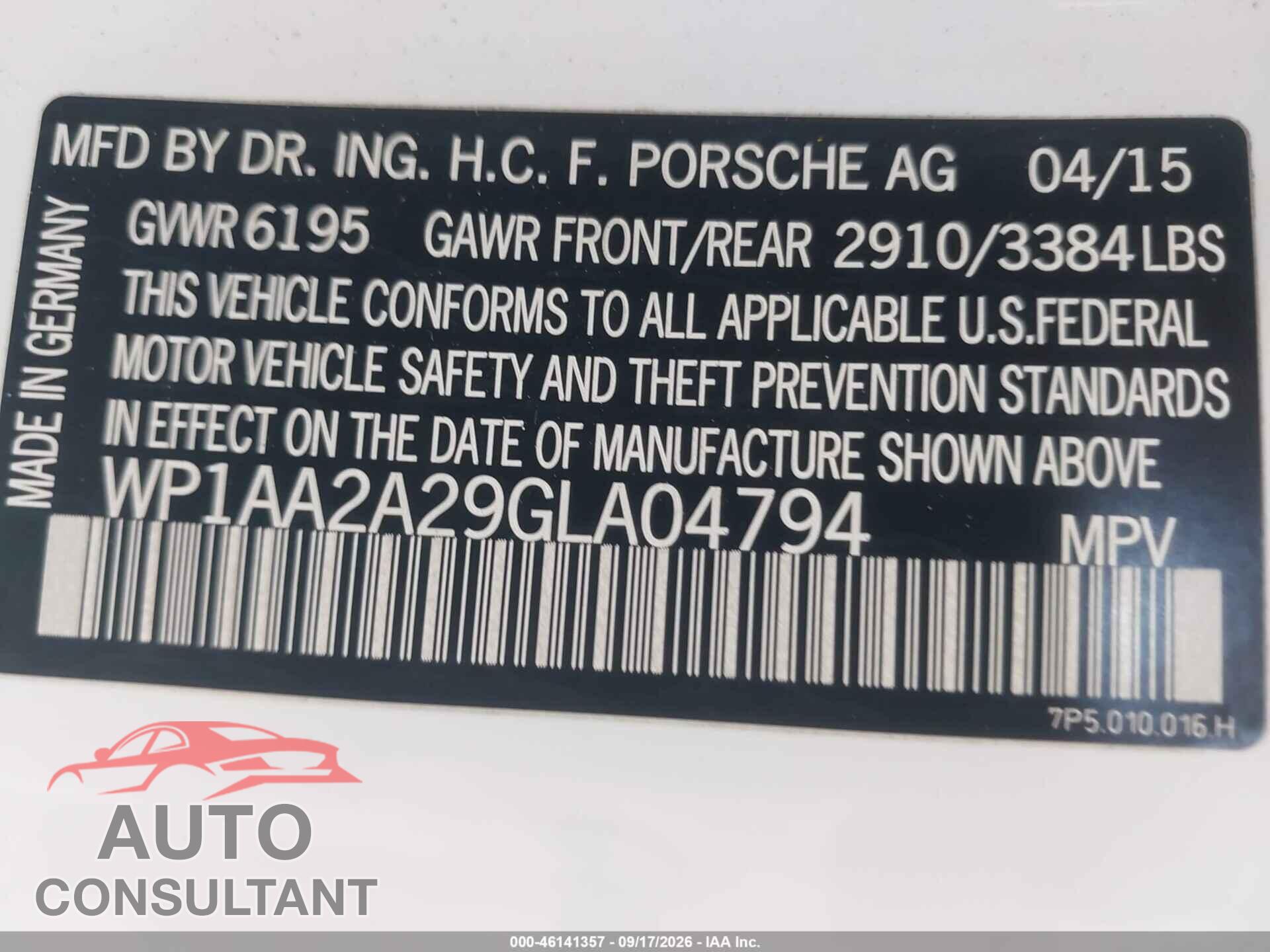 PORSCHE CAYENNE 2016 - WP1AA2A29GLA04794