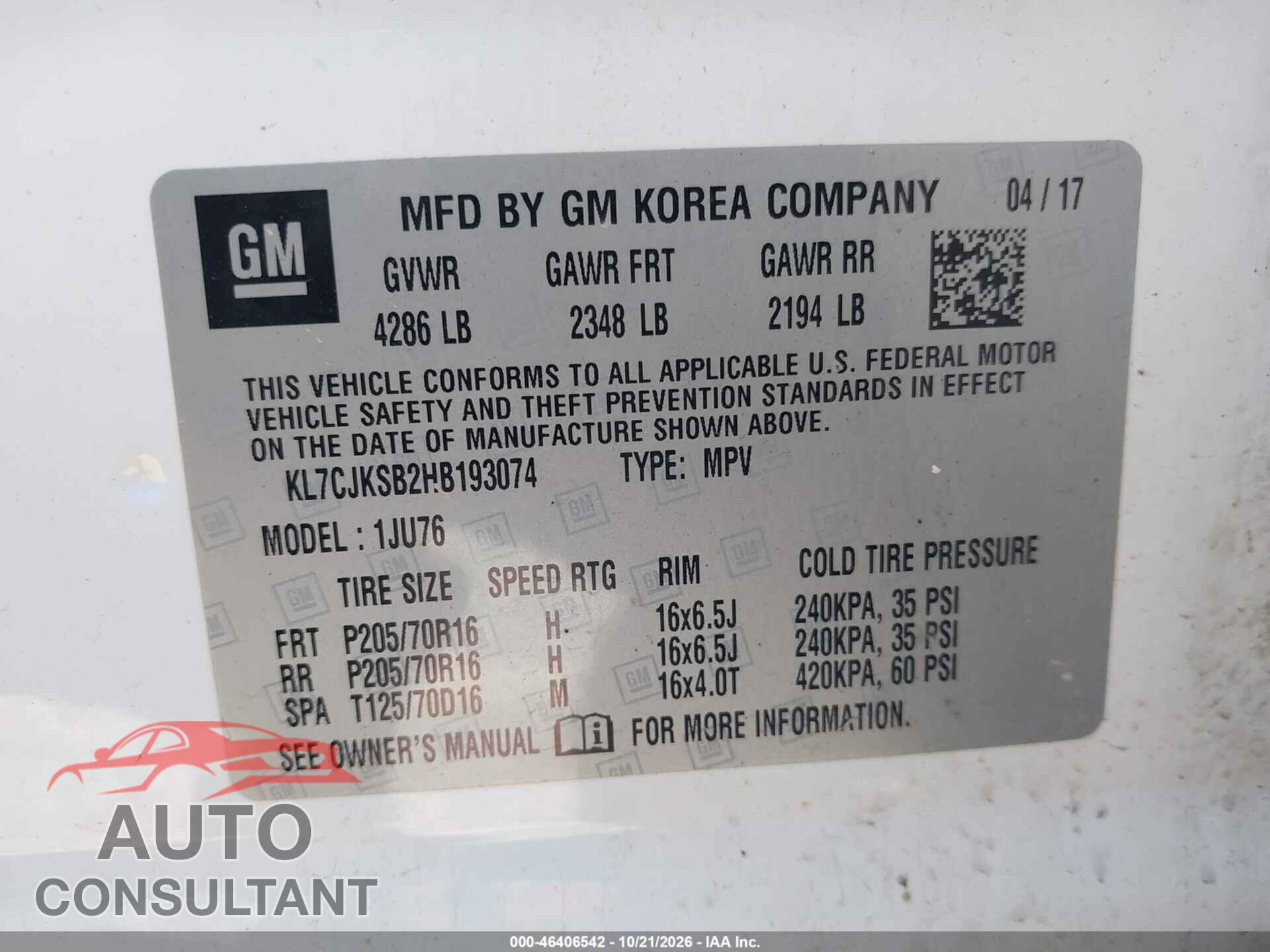 CHEVROLET TRAX 2017 - KL7CJKSB2HB193074
