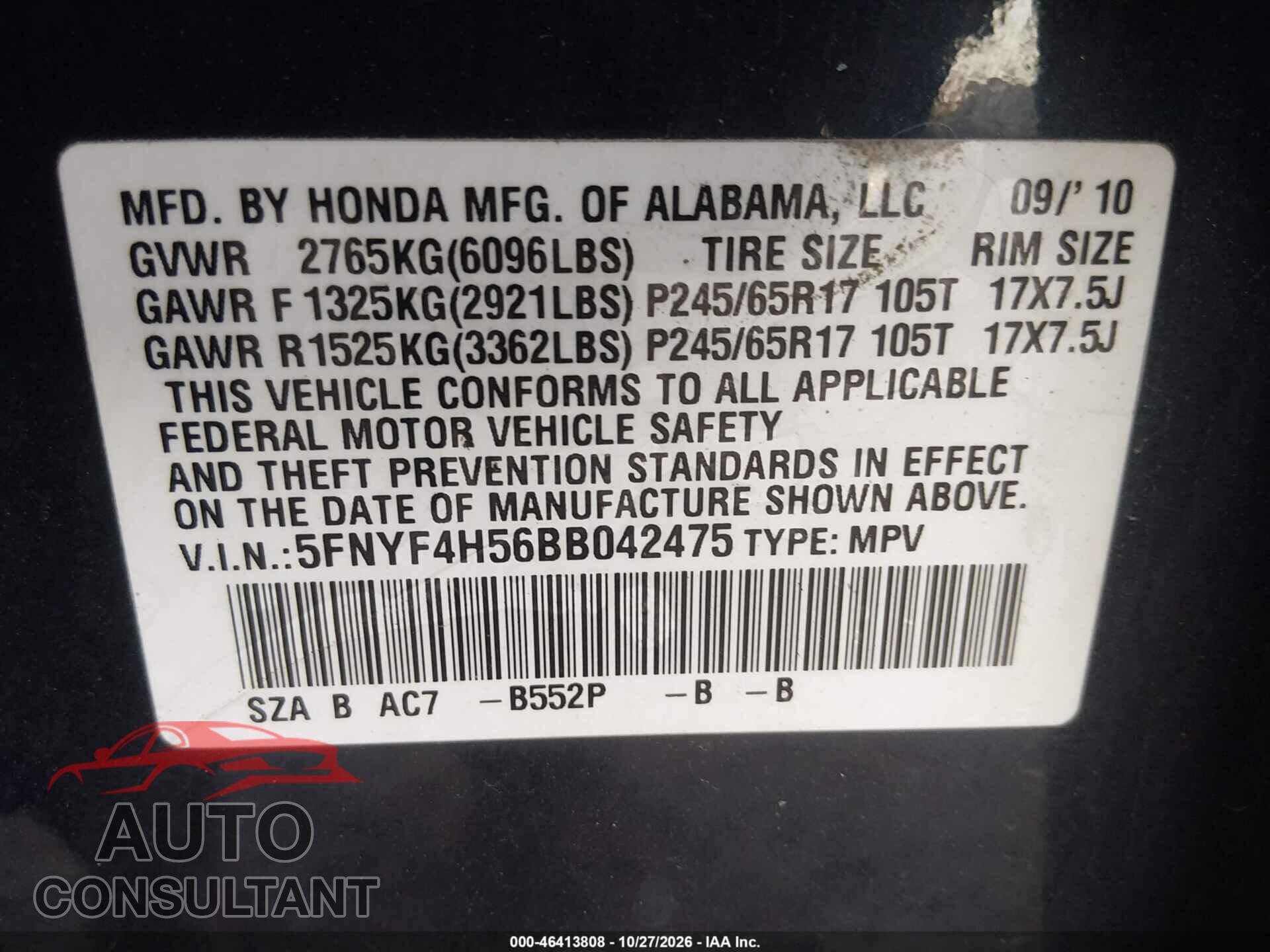 HONDA PILOT 2011 - 5FNYF4H56BB042475