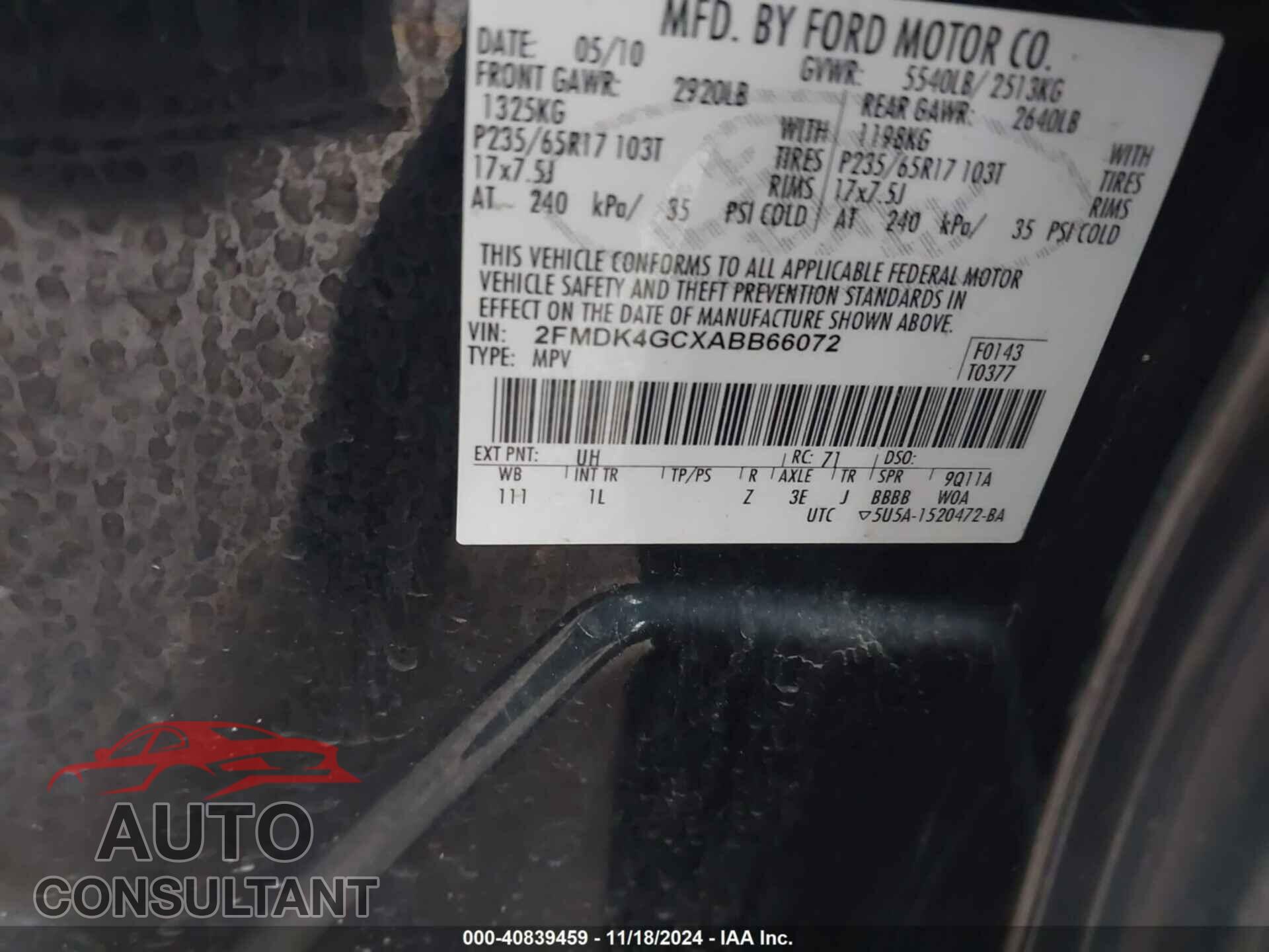 FORD EDGE 2010 - 2FMDK4GCXABB66072