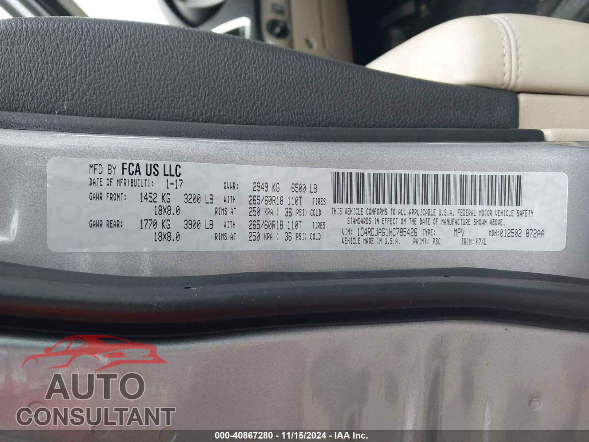 DODGE DURANGO 2017 - 1C4RDJAG1HC785426