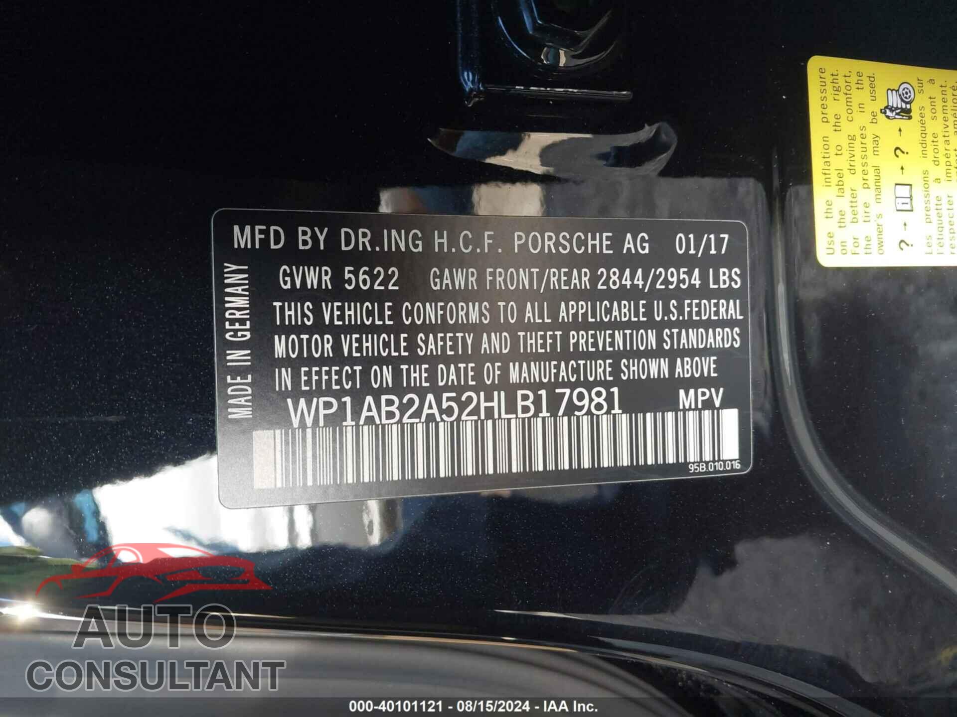 PORSCHE MACAN 2017 - WP1AB2A52HLB17981