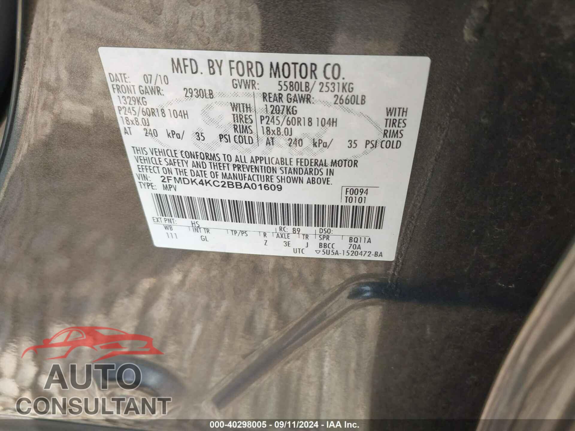 FORD EDGE 2011 - 2FMDK4KC2BBA01609