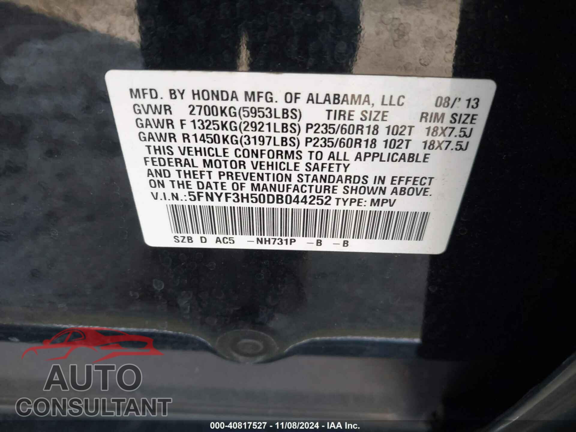 HONDA PILOT 2013 - 5FNYF3H50DB044252
