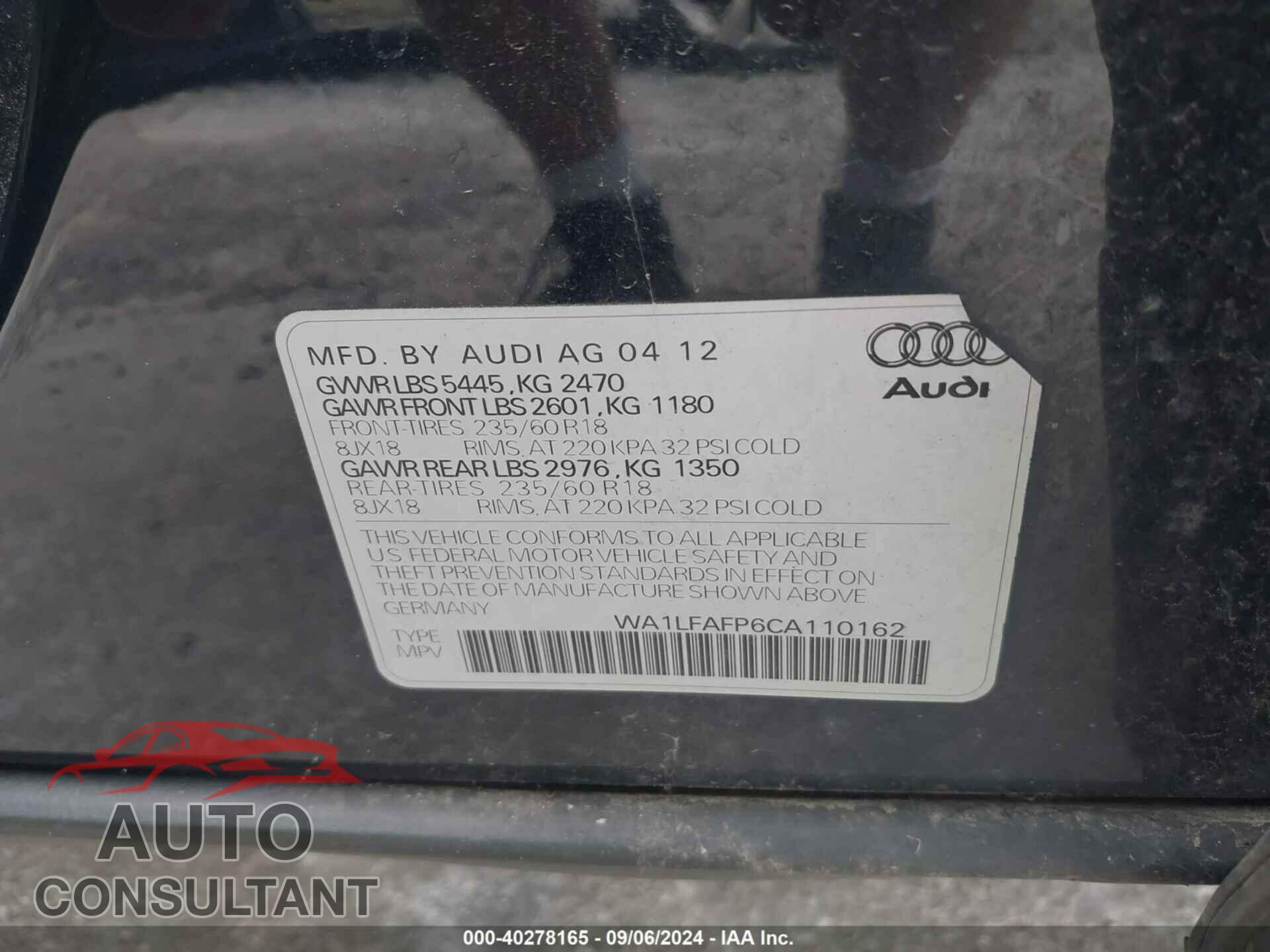 AUDI Q5 2012 - WA1LFAFP6CA110162