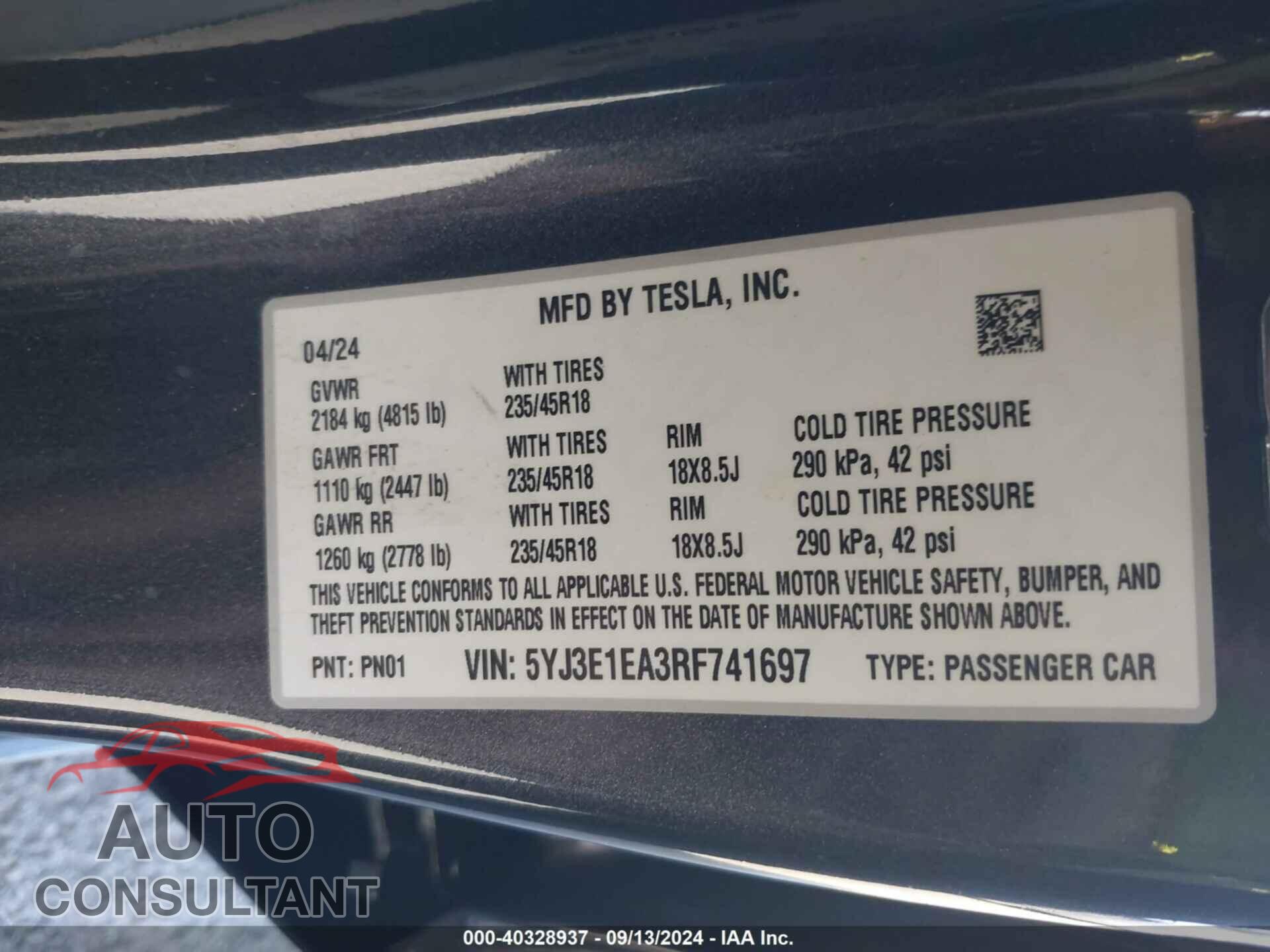 TESLA MODEL 3 2024 - 5YJ3E1EA3RF741697