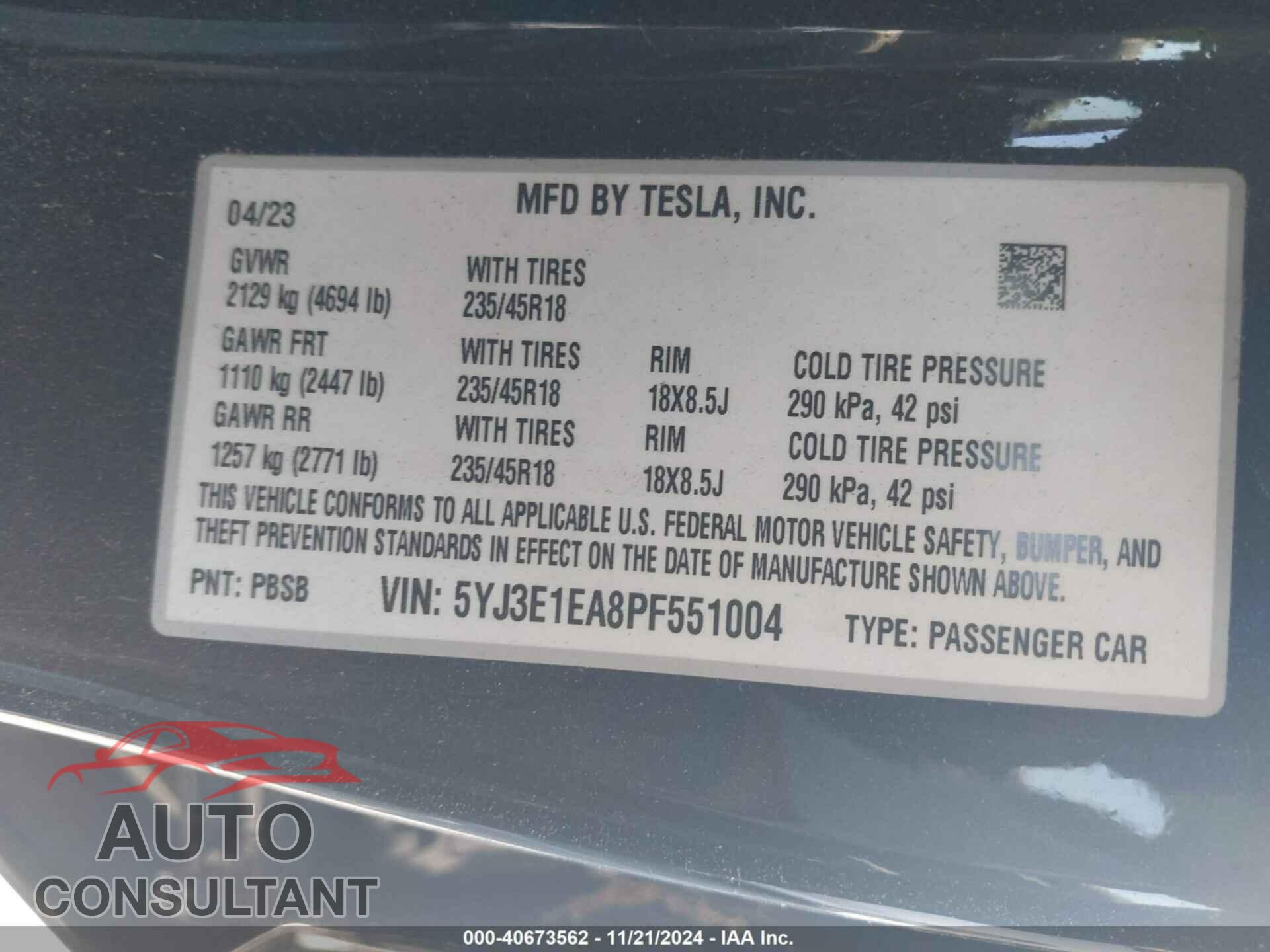 TESLA MODEL 3 2023 - 5YJ3E1EA8PF551004