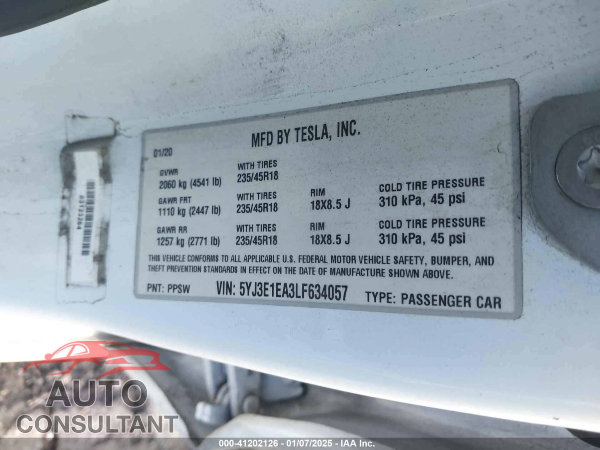 TESLA MODEL 3 2020 - 5YJ3E1EA3LF634057