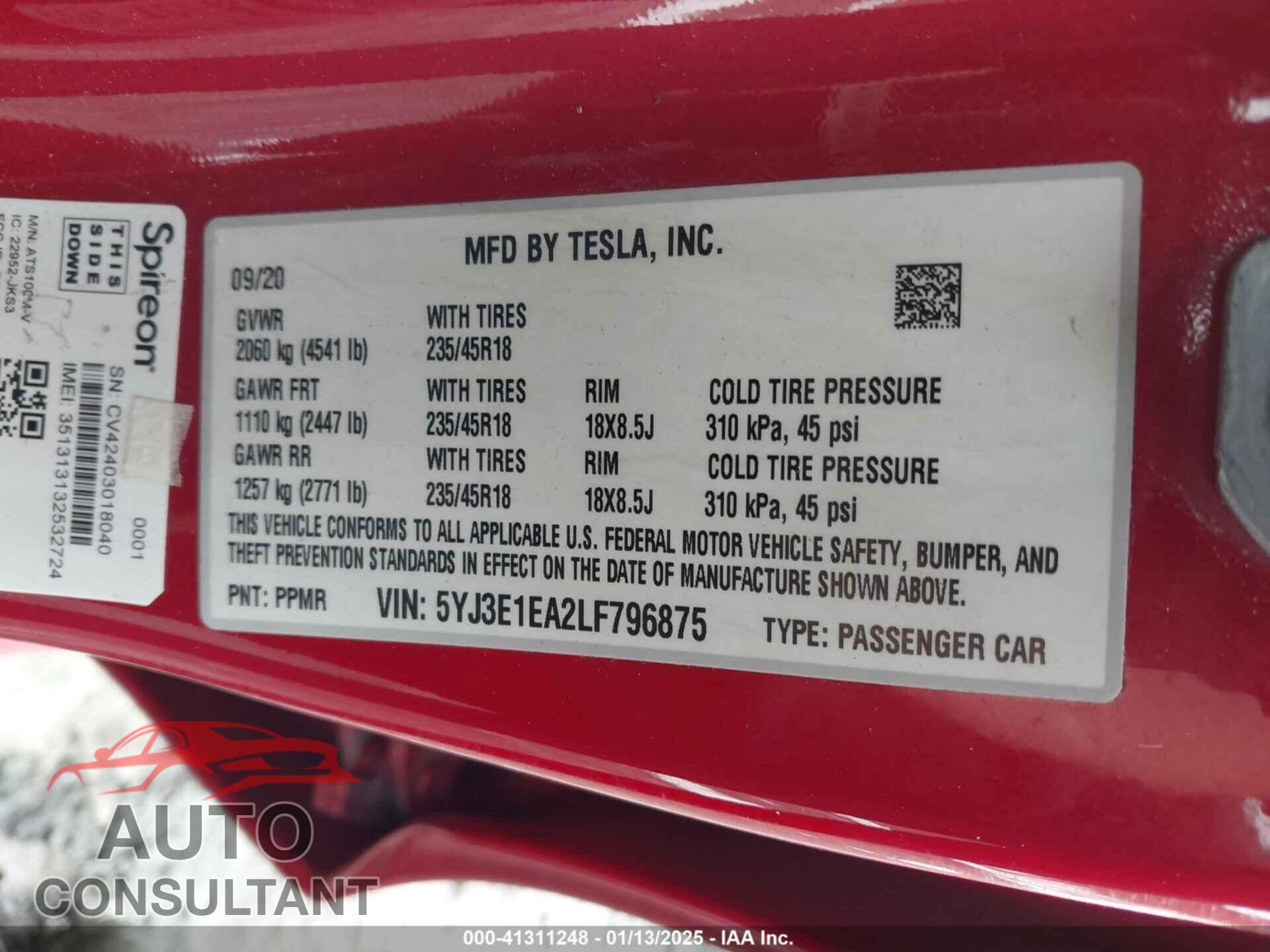 TESLA MODEL 3 2020 - 5YJ3E1EA2LF796875