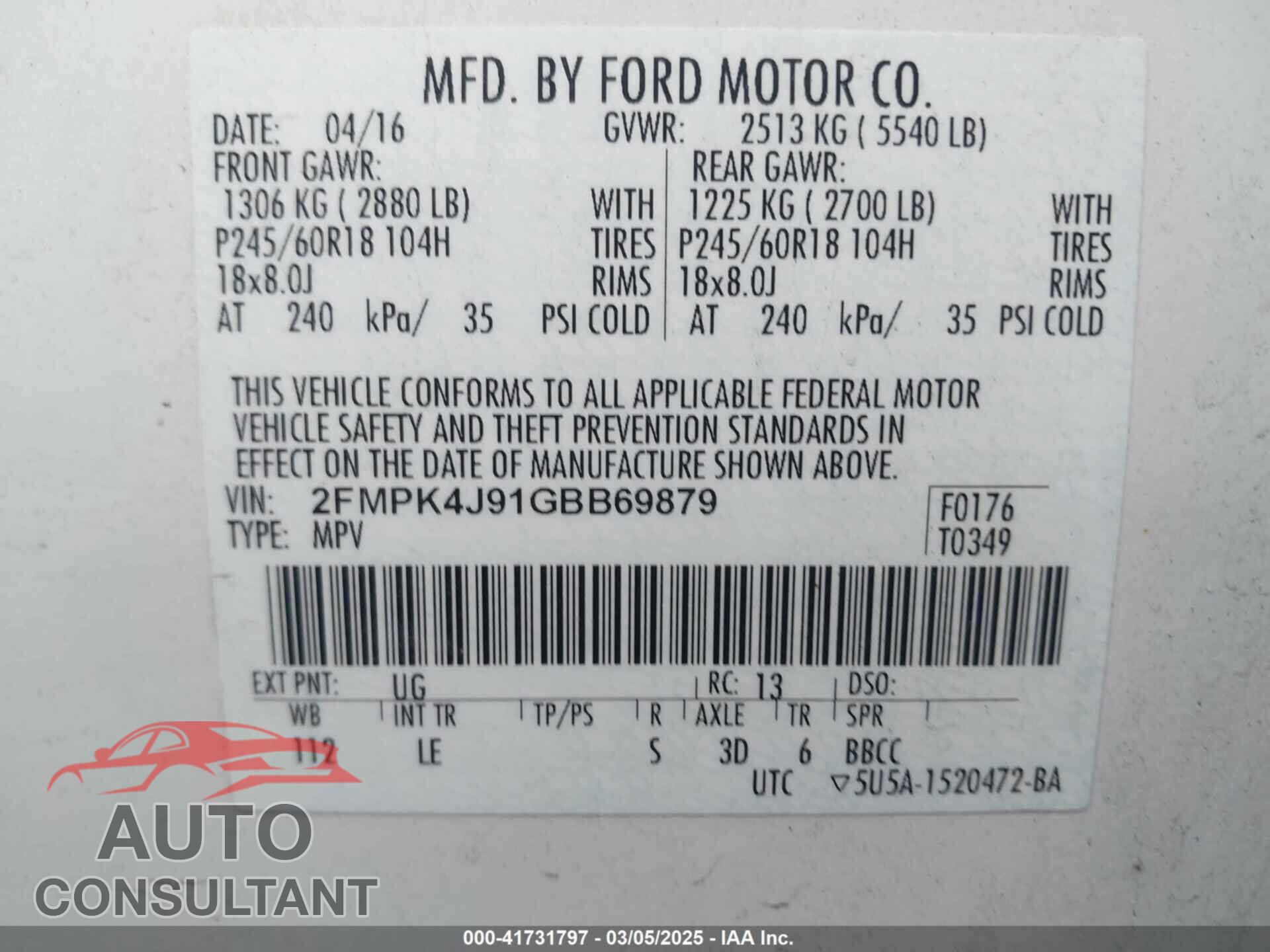 FORD EDGE 2016 - 2FMPK4J91GBB69879