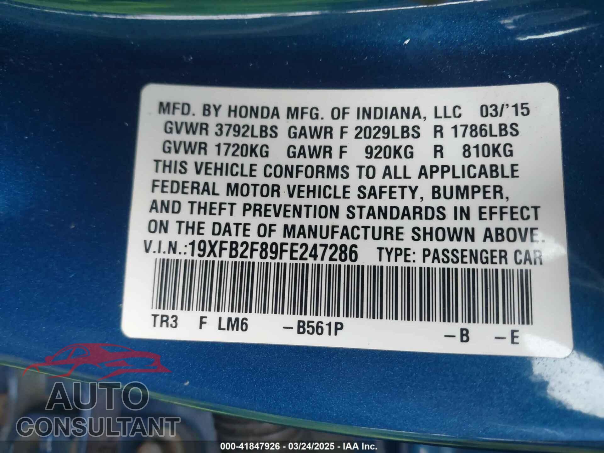 HONDA CIVIC 2015 - 19XFB2F89FE247286