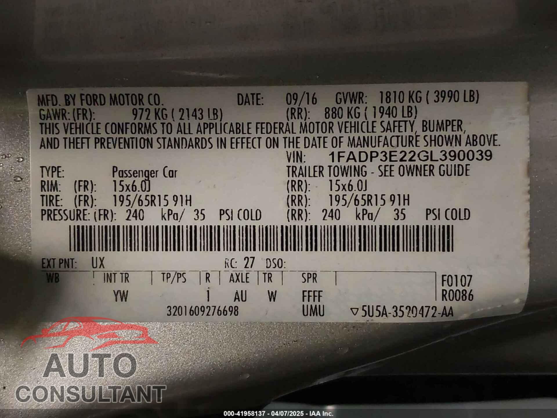 FORD FOCUS 2016 - 1FADP3E22GL390039