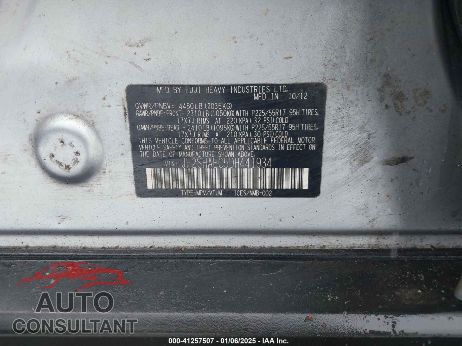SUBARU FORESTER 2013 - JF2SHAEC5DH441934