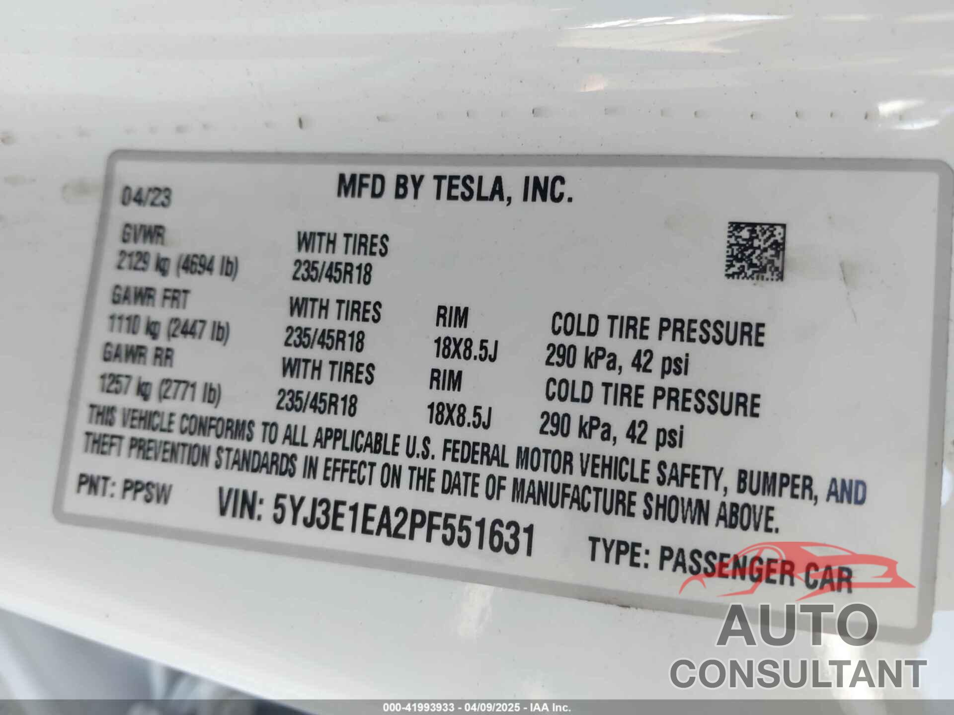 TESLA MODEL 3 2023 - 5YJ3E1EA2PF551631