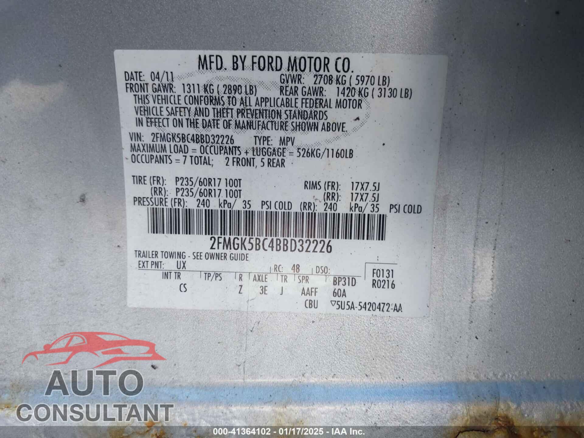 FORD FLEX 2011 - 2FMGK5BC4BBD32226