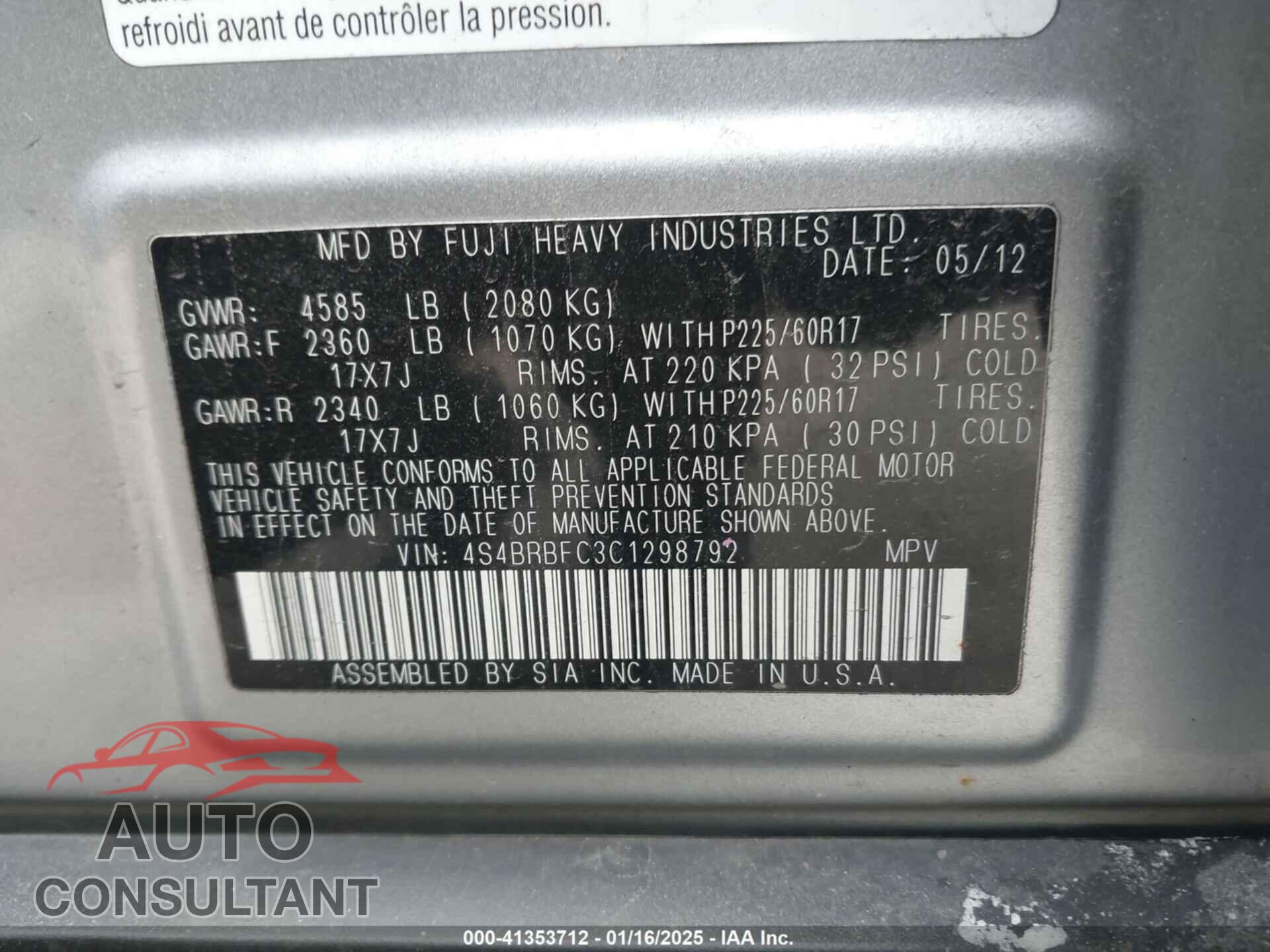 SUBARU OUTBACK 2012 - 4S4BRBFC3C1298792