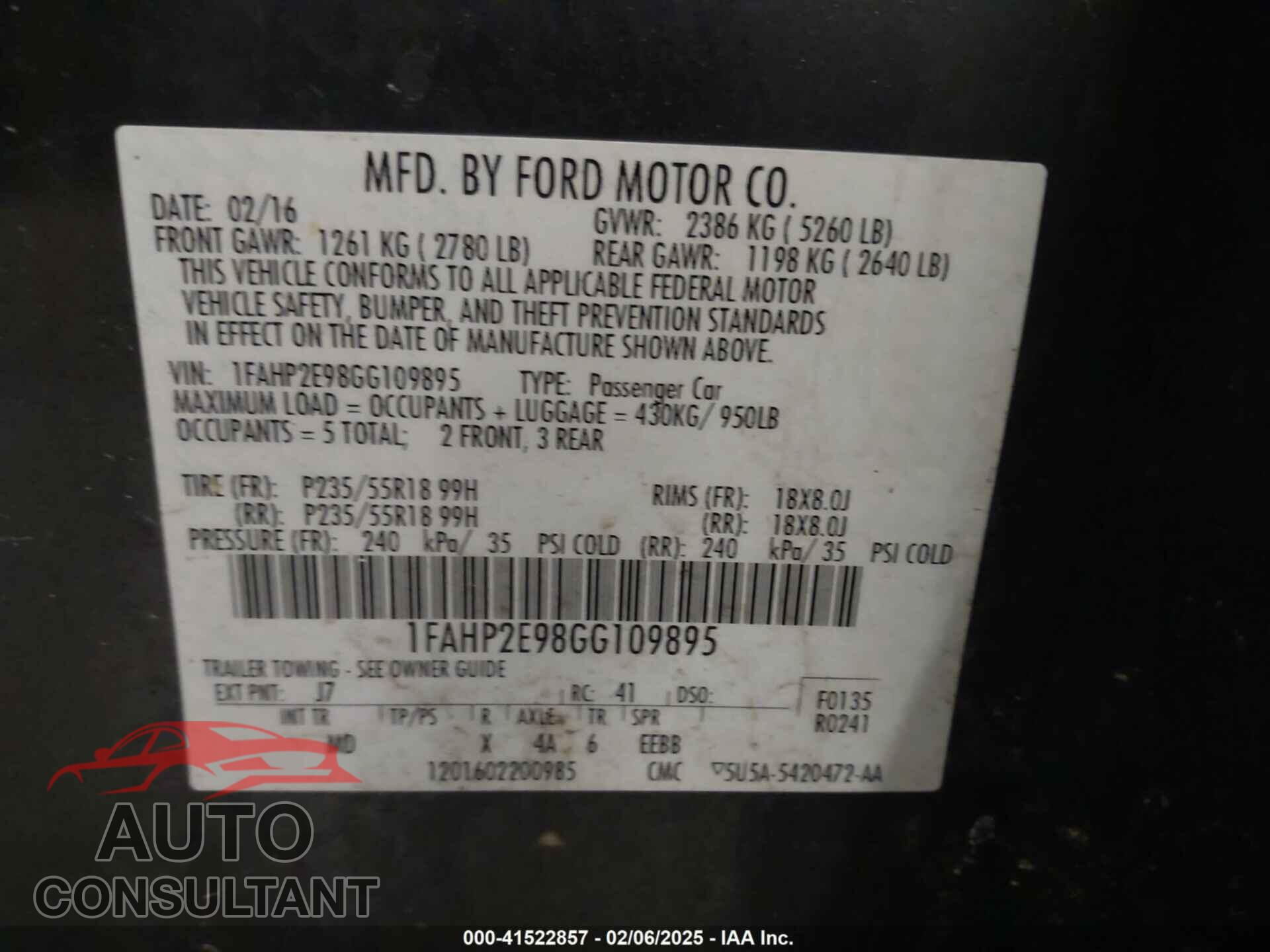 FORD TAURUS 2016 - 1FAHP2E98GG109895