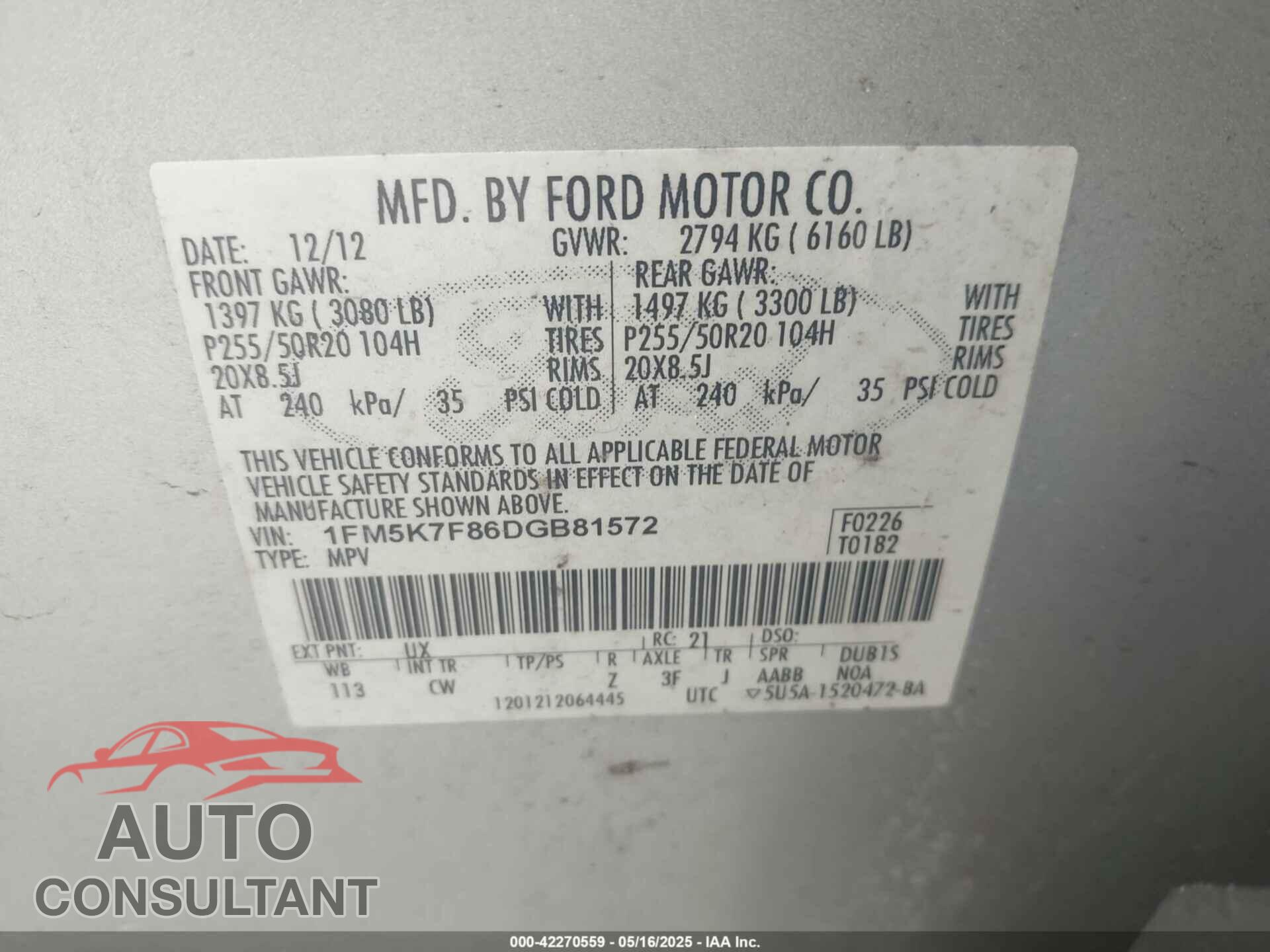 FORD EXPLORER 2013 - 1FM5K7F86DGB81572