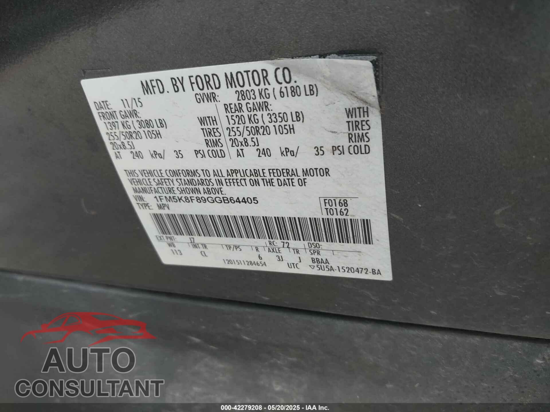 FORD EXPLORER 2016 - 1FM5K8F89GGB64405