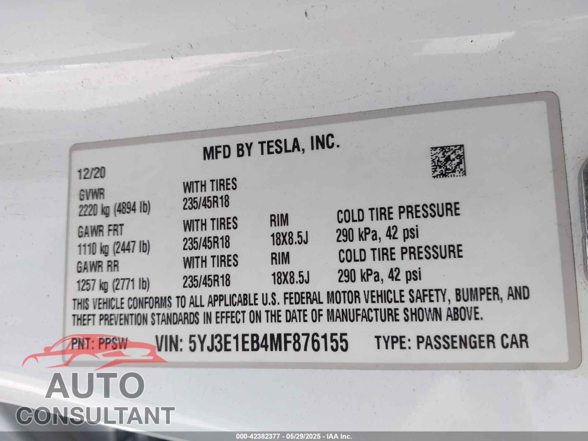 TESLA MODEL 3 2021 - 5YJ3E1EB4MF876155