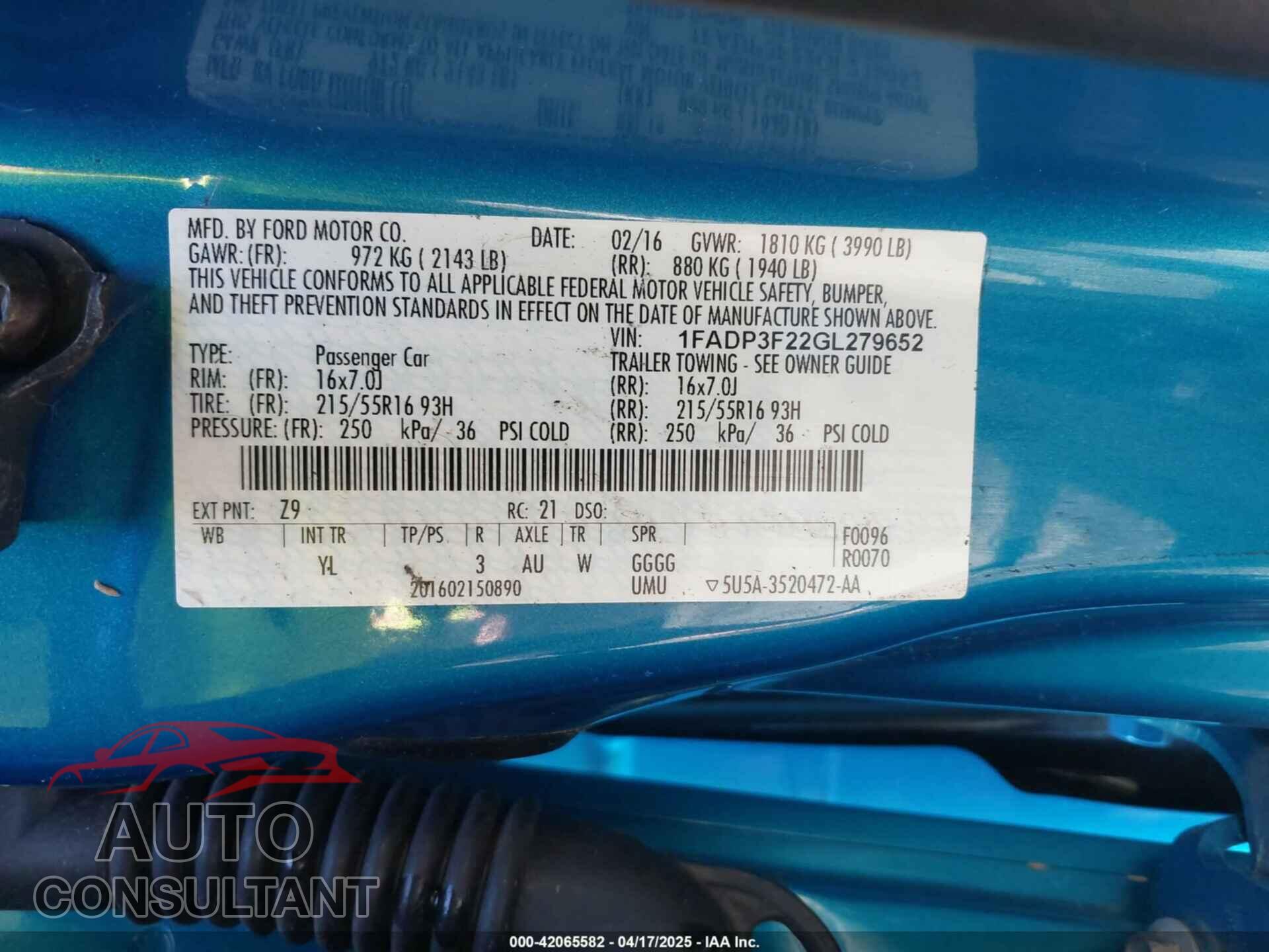 FORD FOCUS 2016 - 1FADP3F22GL279652