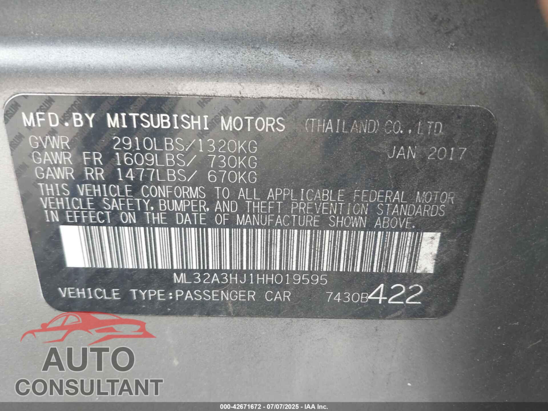 MITSUBISHI MIRAGE 2017 - ML32A3HJ1HH019595