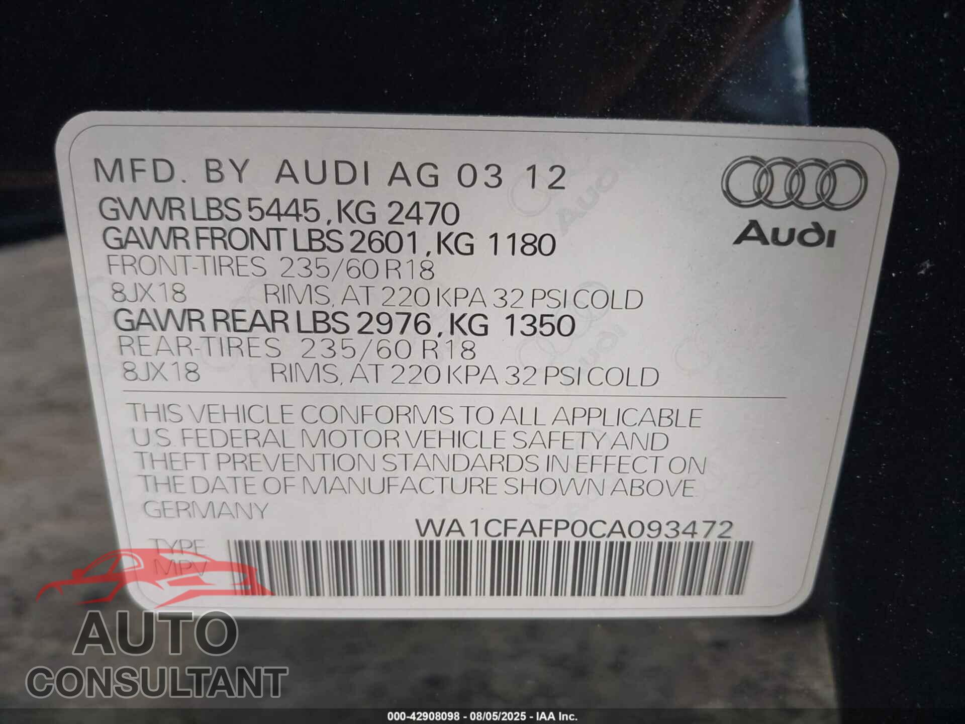 AUDI Q5 2012 - WA1CFAFP0CA093472