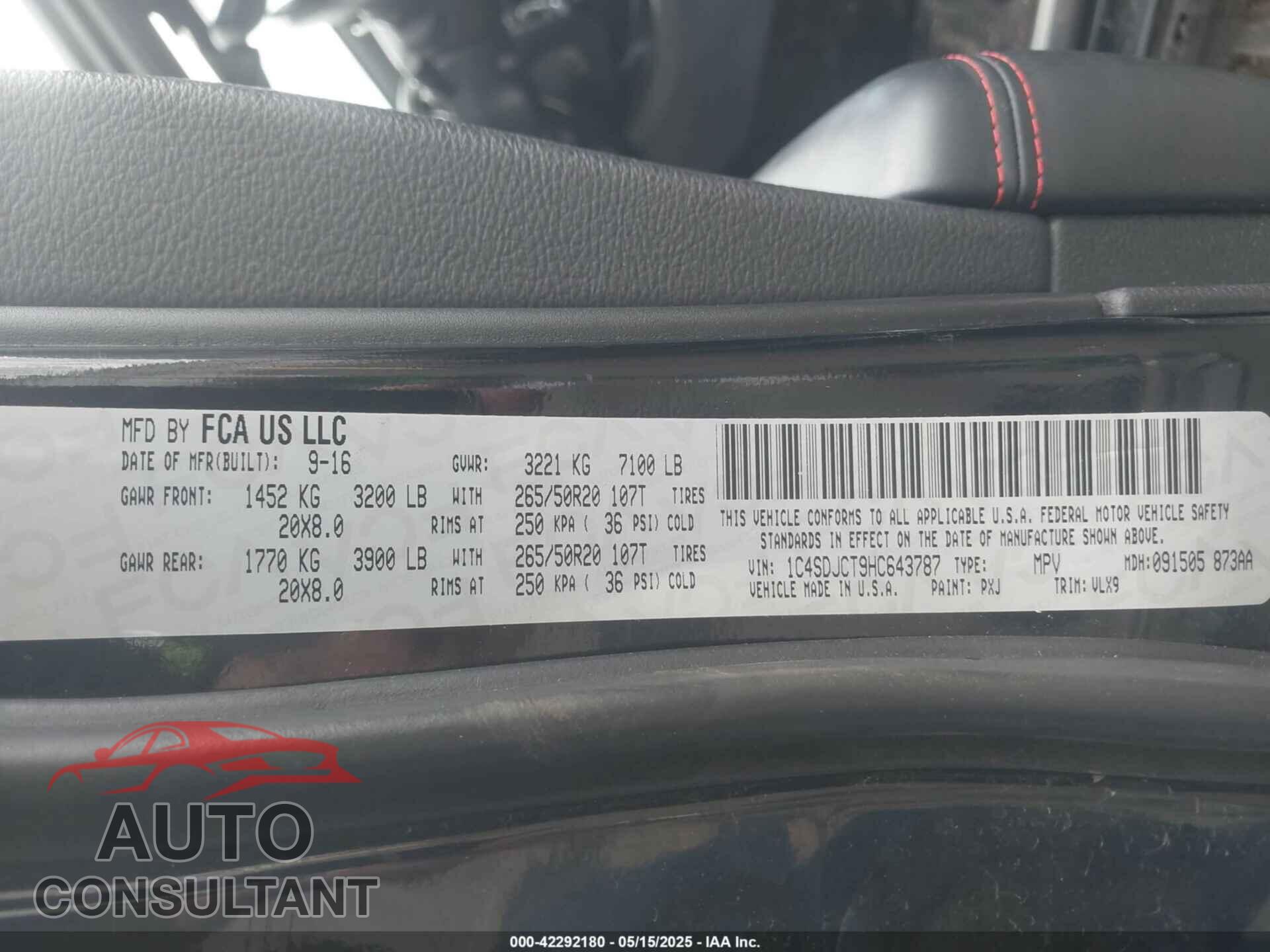 DODGE DURANGO 2017 - 1C4SDJCT9HC643787