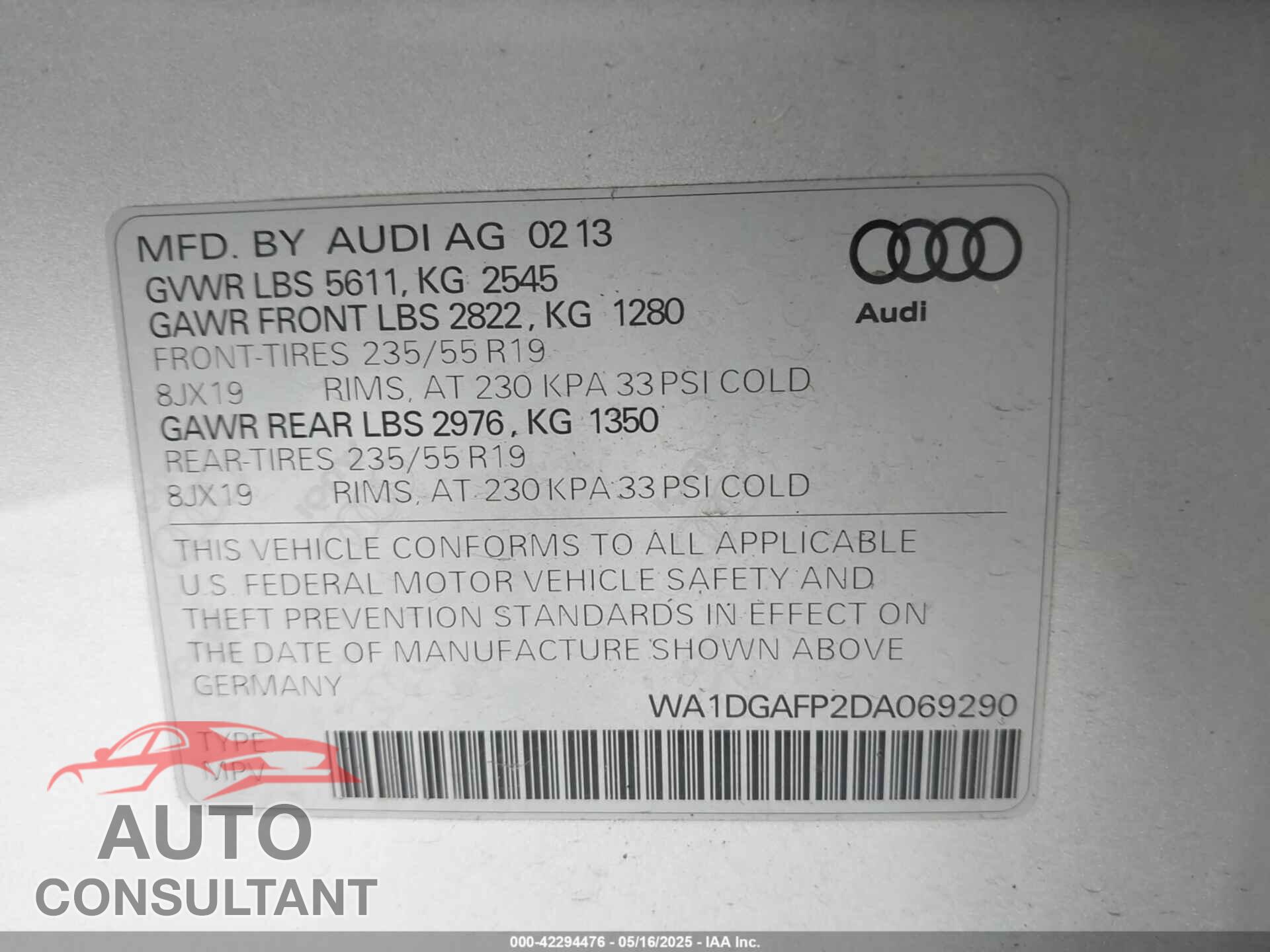 AUDI Q5 2013 - WA1DGAFP2DA069290