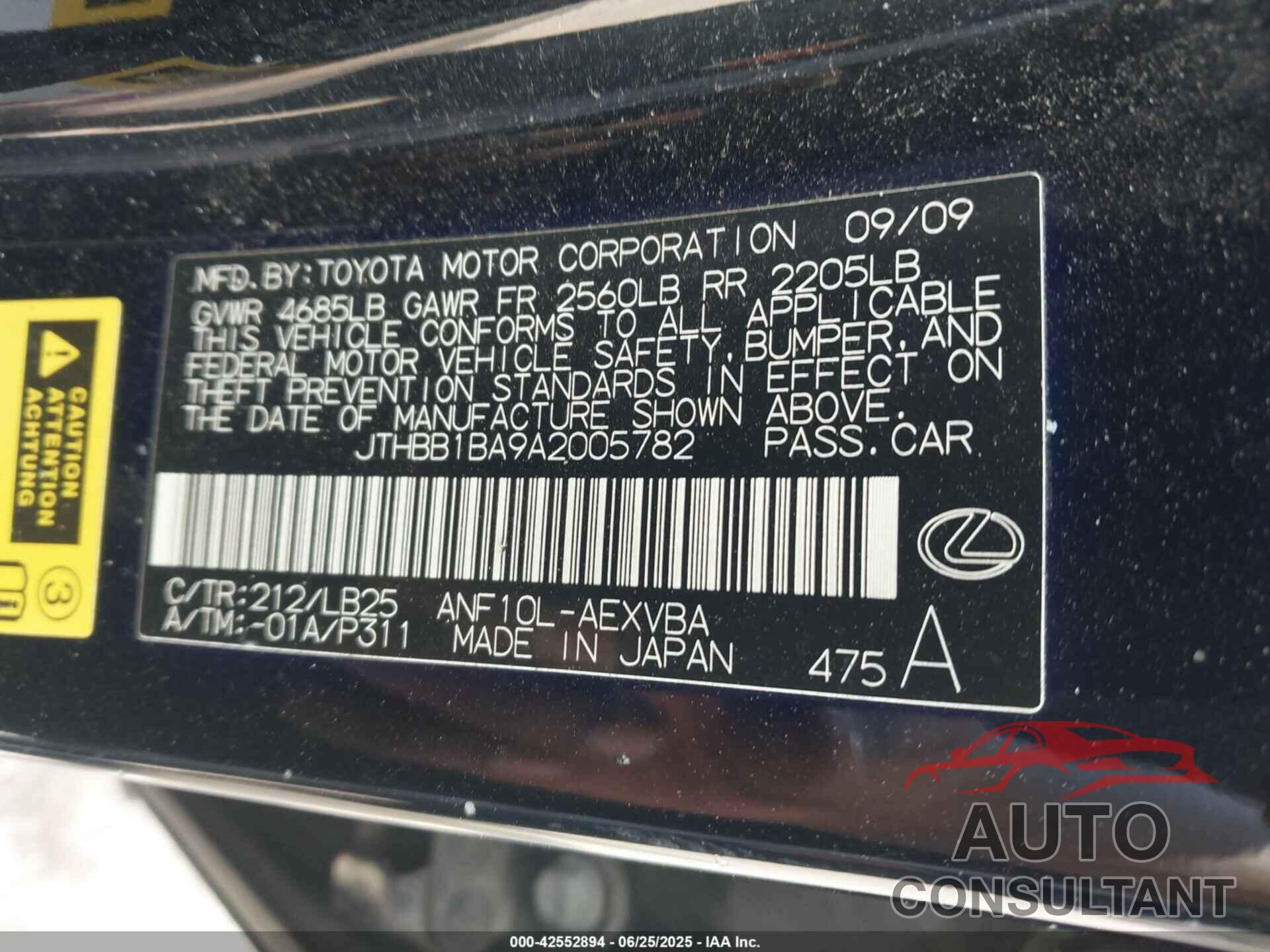 LEXUS HS 250H 2010 - JTHBB1BA9A2005782